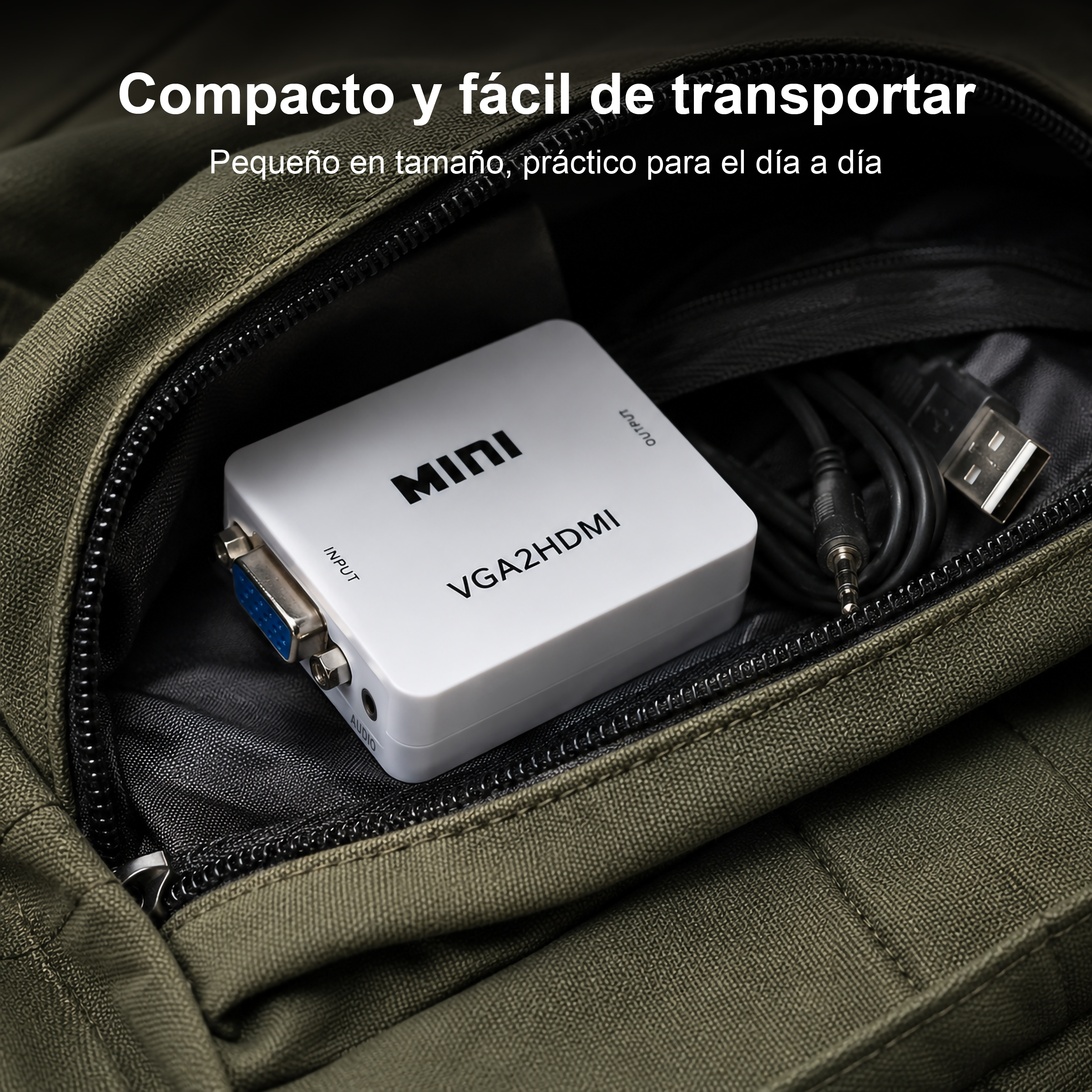 Un adaptador blanco de VGA a HDMI con cables dentro de una bolsa.