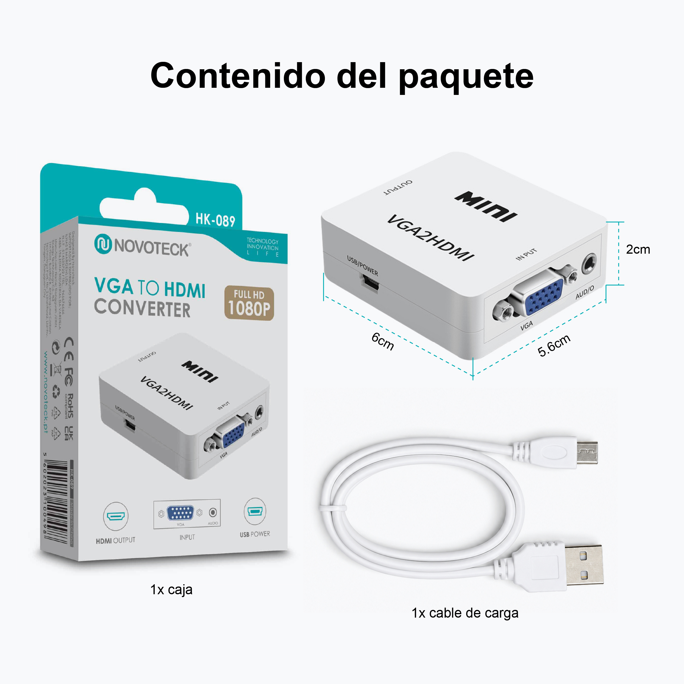 Convertidor VGA a HDMI, cable USB y embalaje sobre fondo blanco.