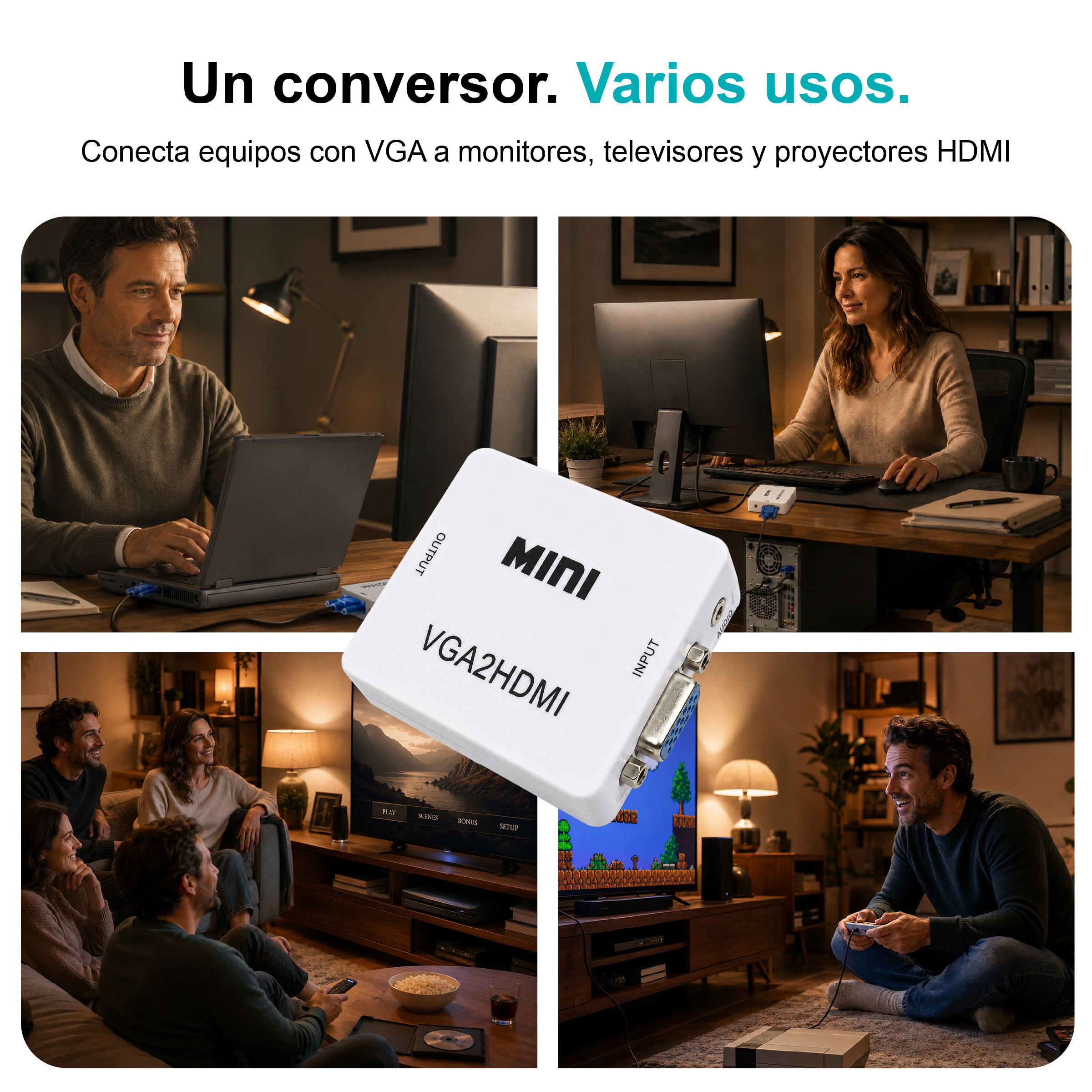 Un adaptador VGA a HDMI se muestra en varios entornos, del trabajo al entretenimiento.