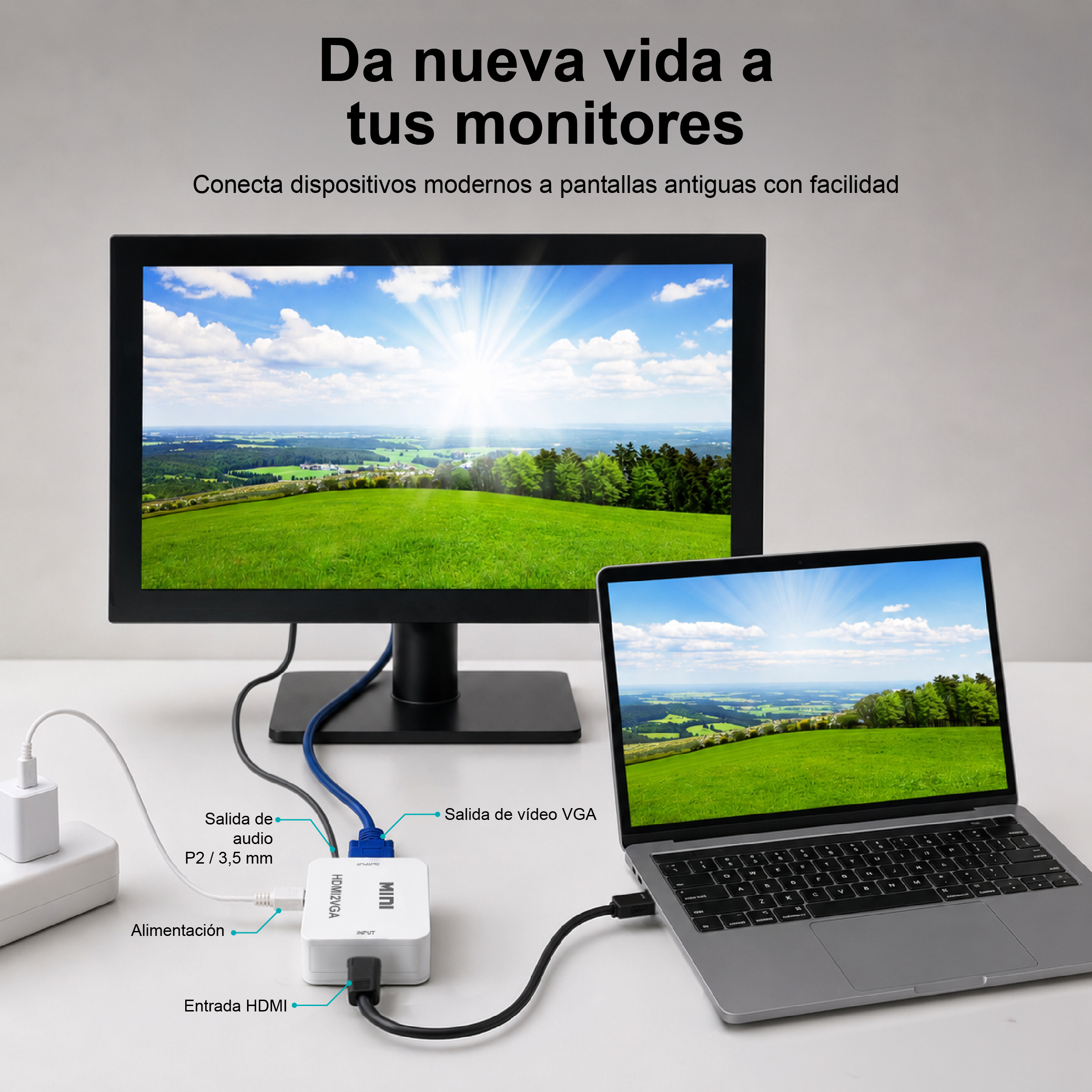 Un portátil se conecta a un monitor mediante un adaptador HDMI a VGA.