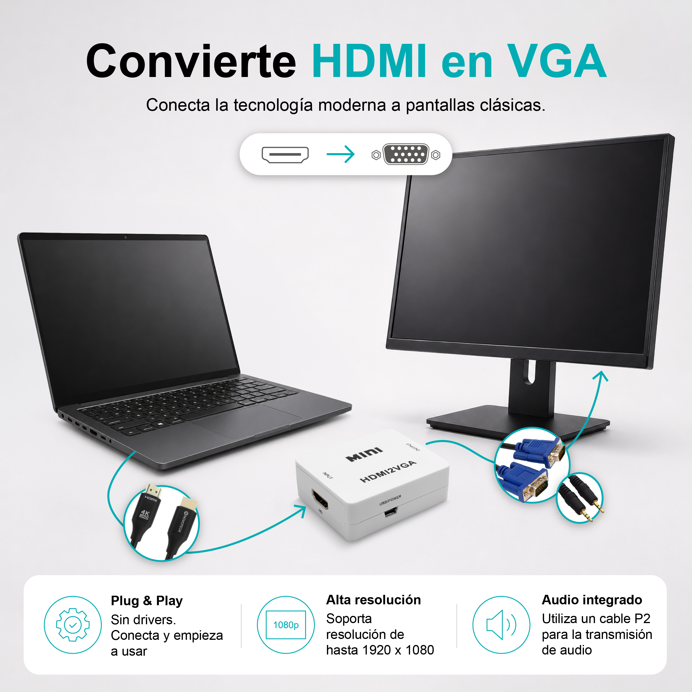 Un portátil se conecta a un monitor mediante un adaptador HDMI a VGA.