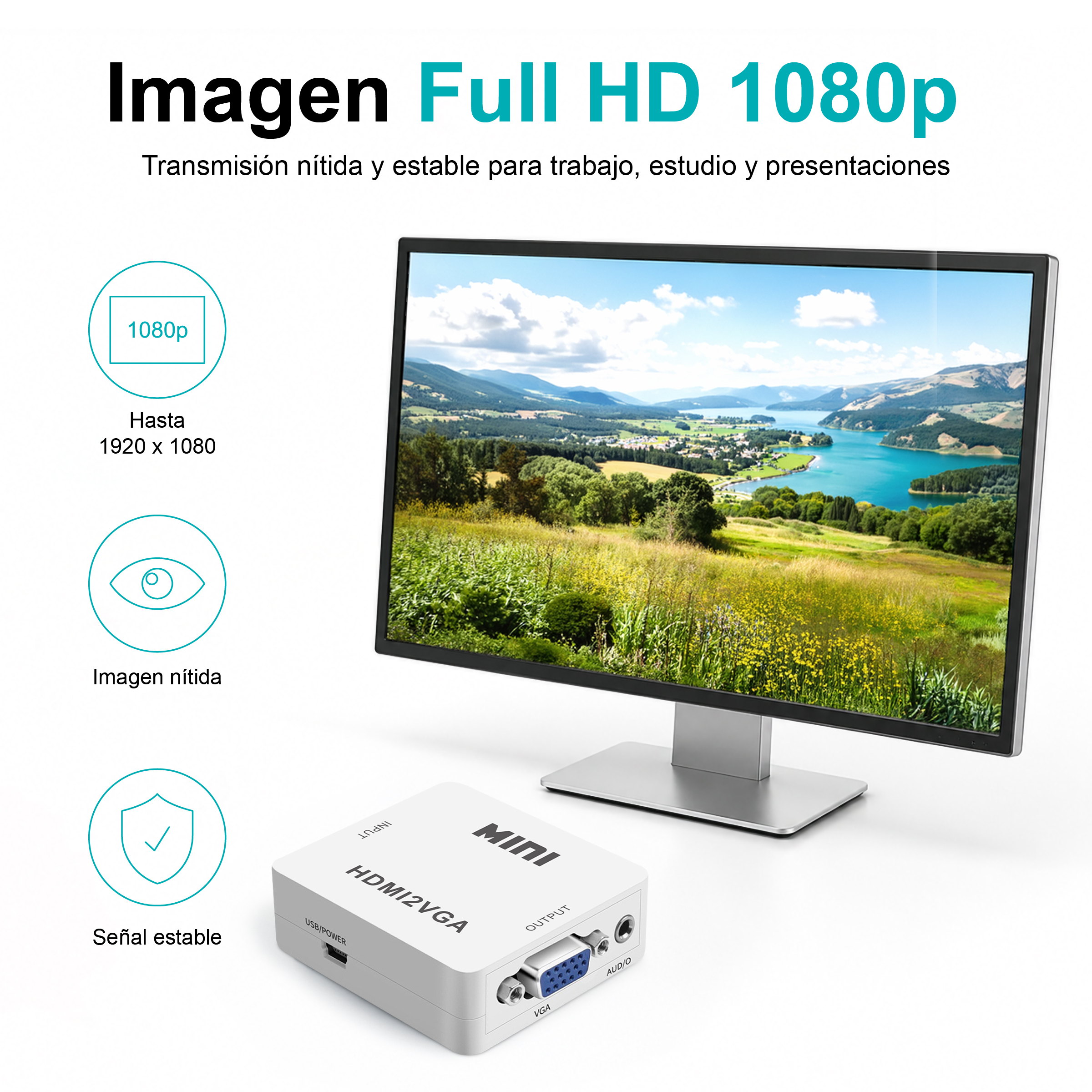 Un monitor muestra un paisaje. A su lado, un adaptador HDMI a VGA.