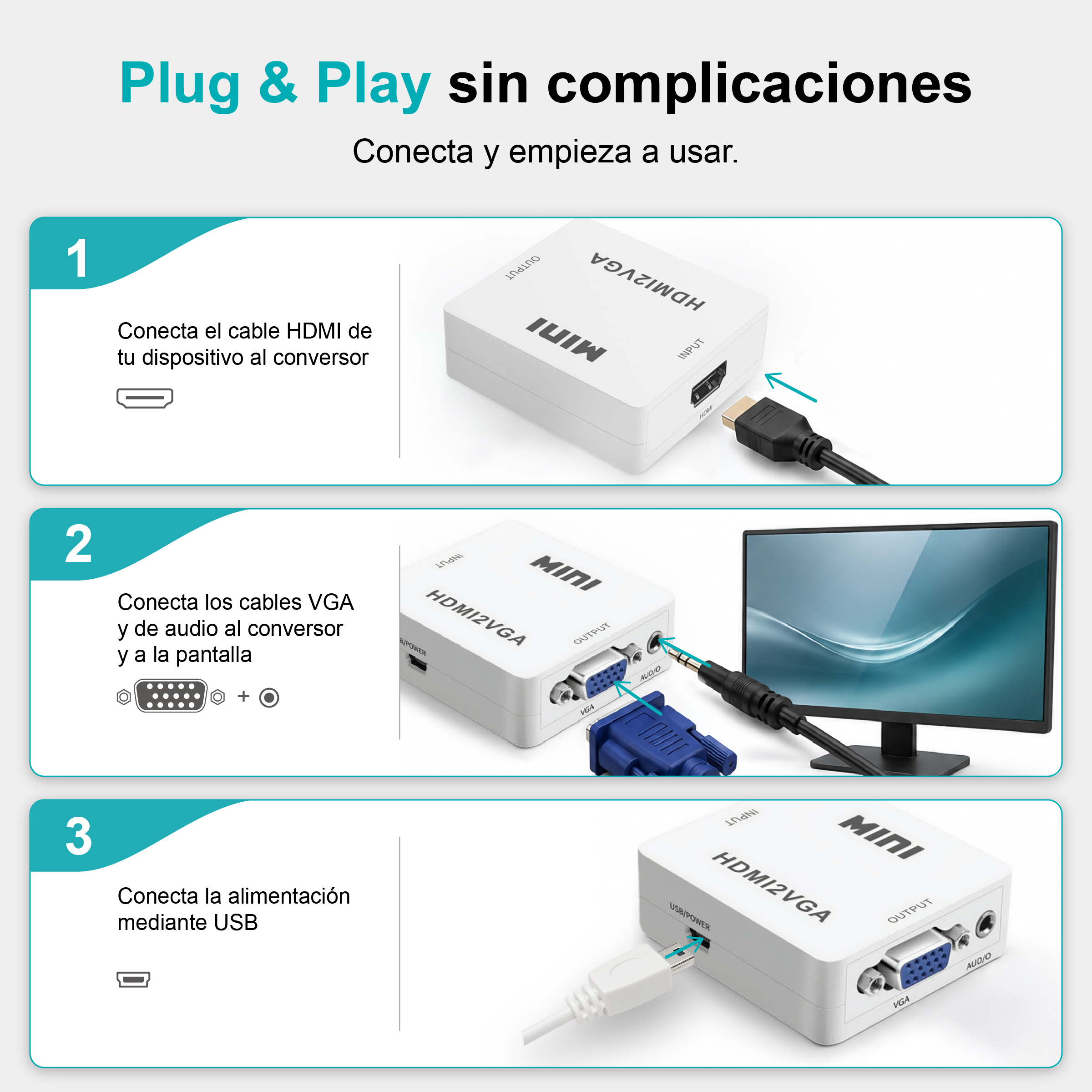 Instrucciones: Conectar convertidor HDMI a VGA. Paso 1: Conectar cable HDMI.