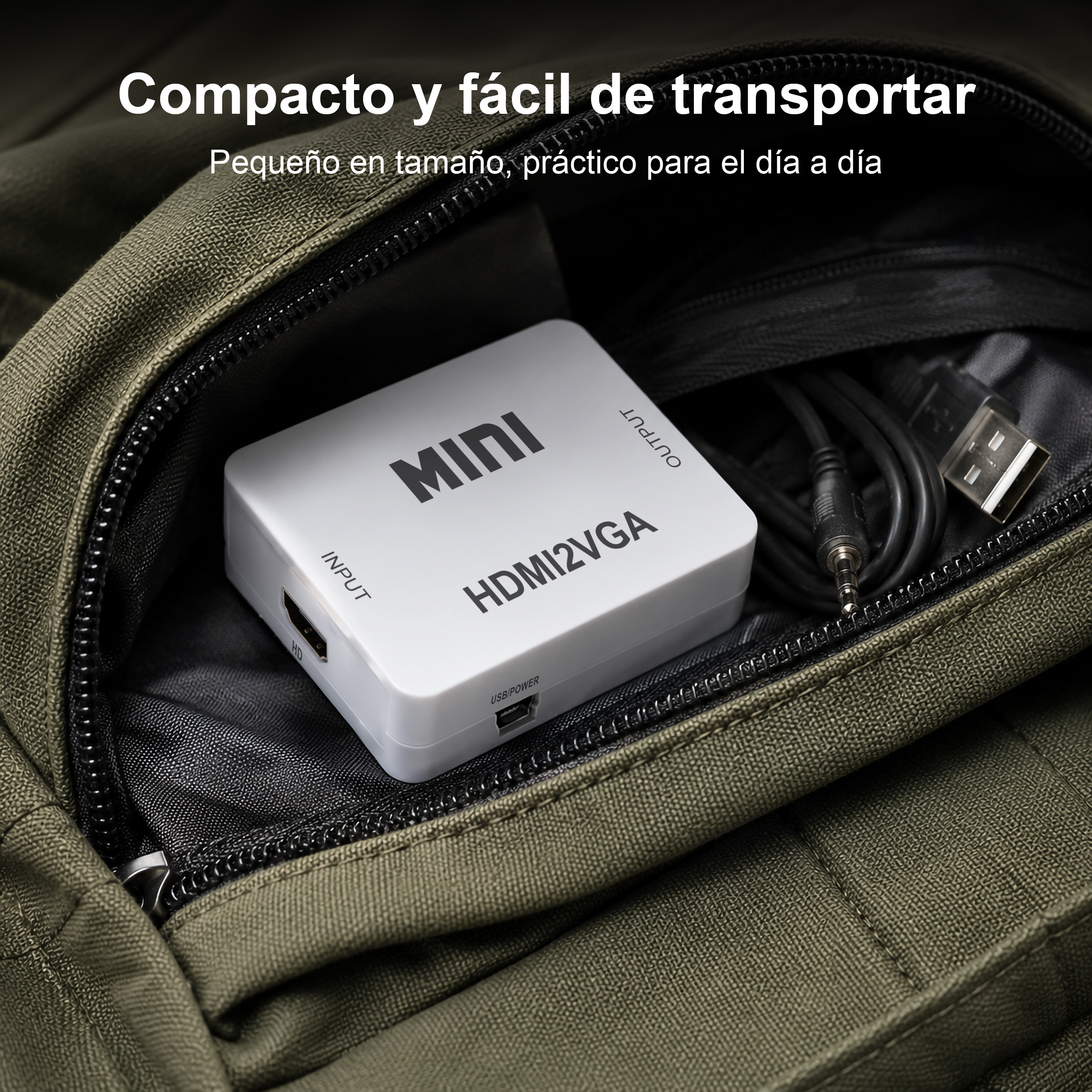 Un adaptador HDMI a VGA blanco con cables dentro de una bolsa verde.