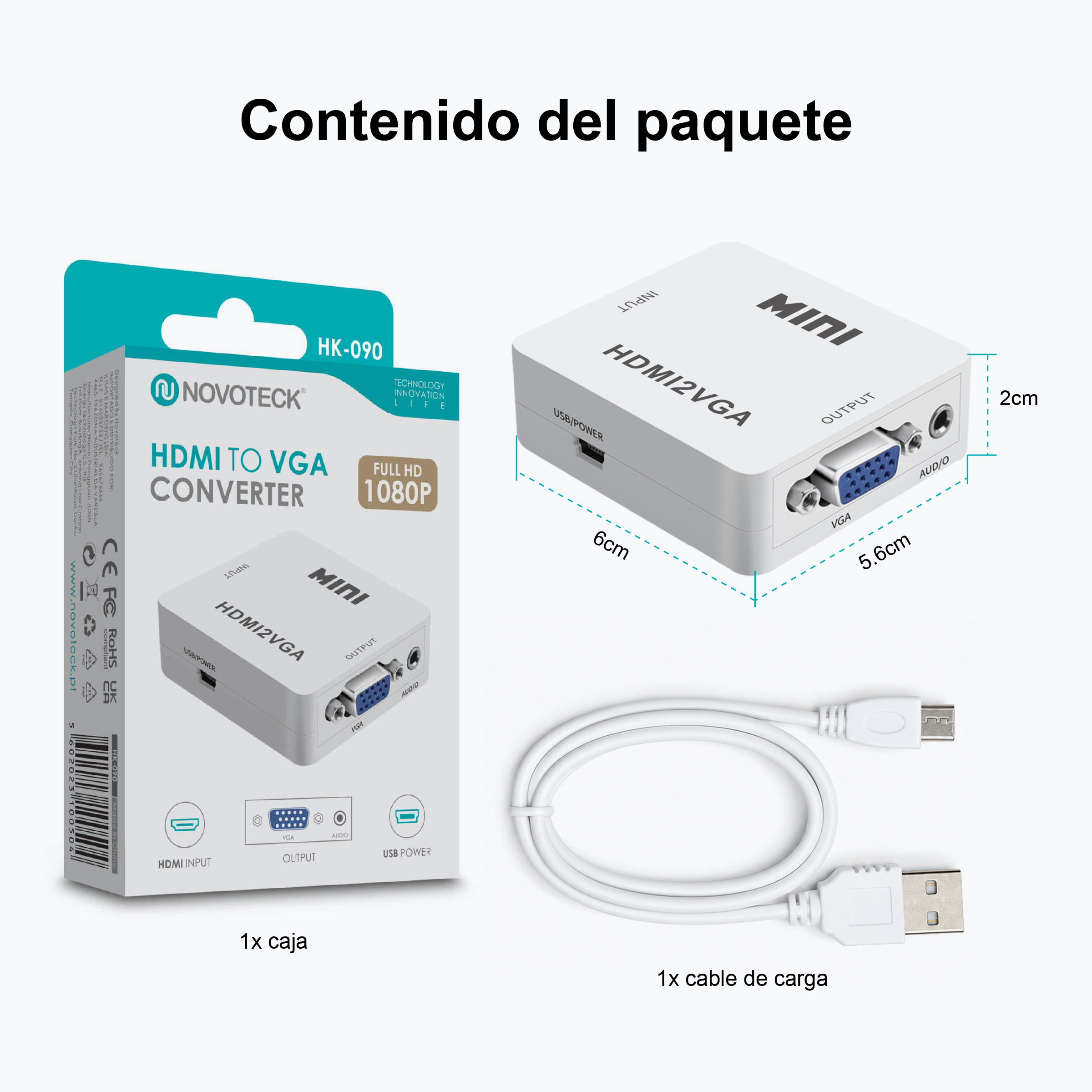 Un convertidor HDMI a VGA blanco con puertos y cable de alimentación USB.