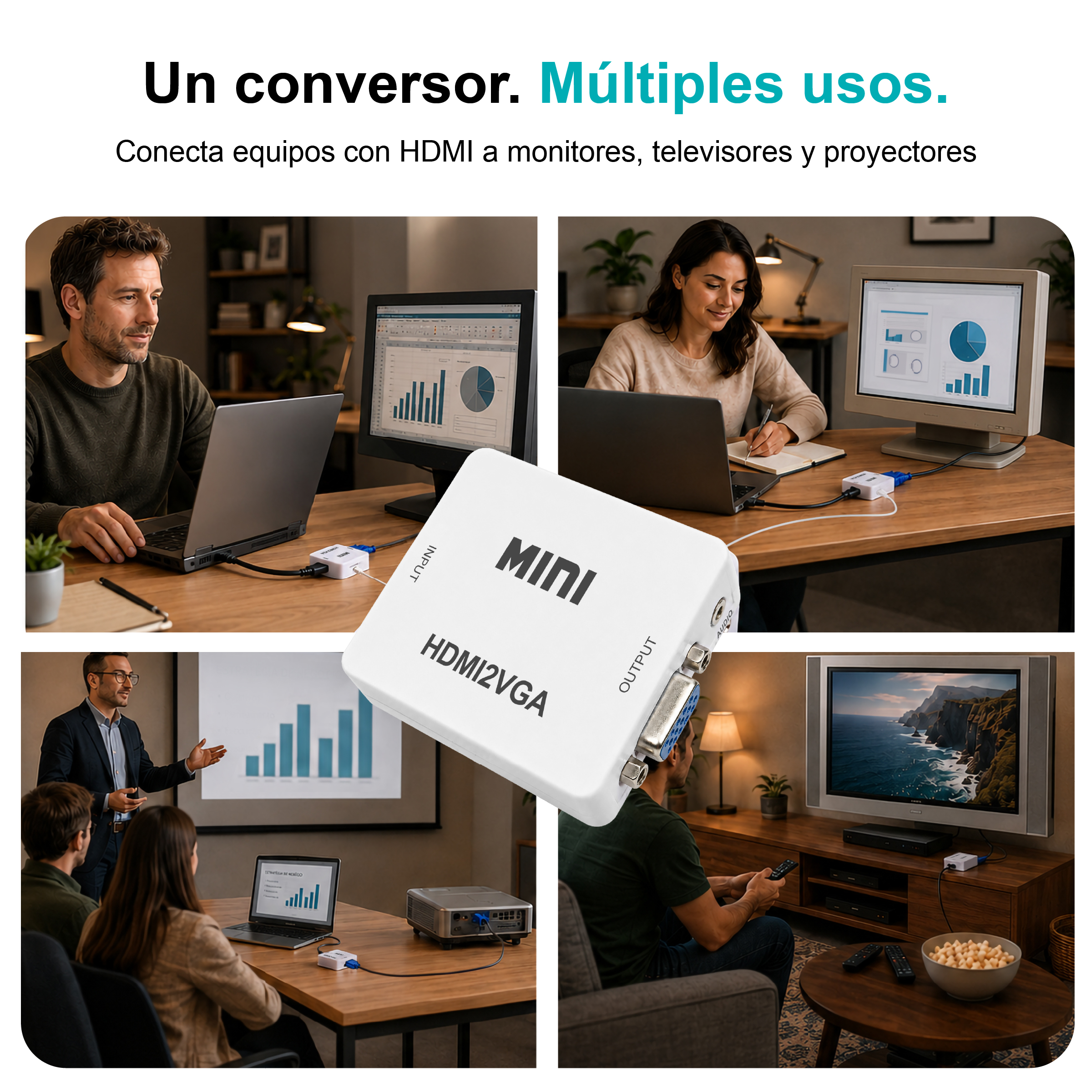 Un conversor HDMI a VGA blanco con cuatro escenarios de uso: hombres trabajando, mujer escribiendo, presentación, TV.