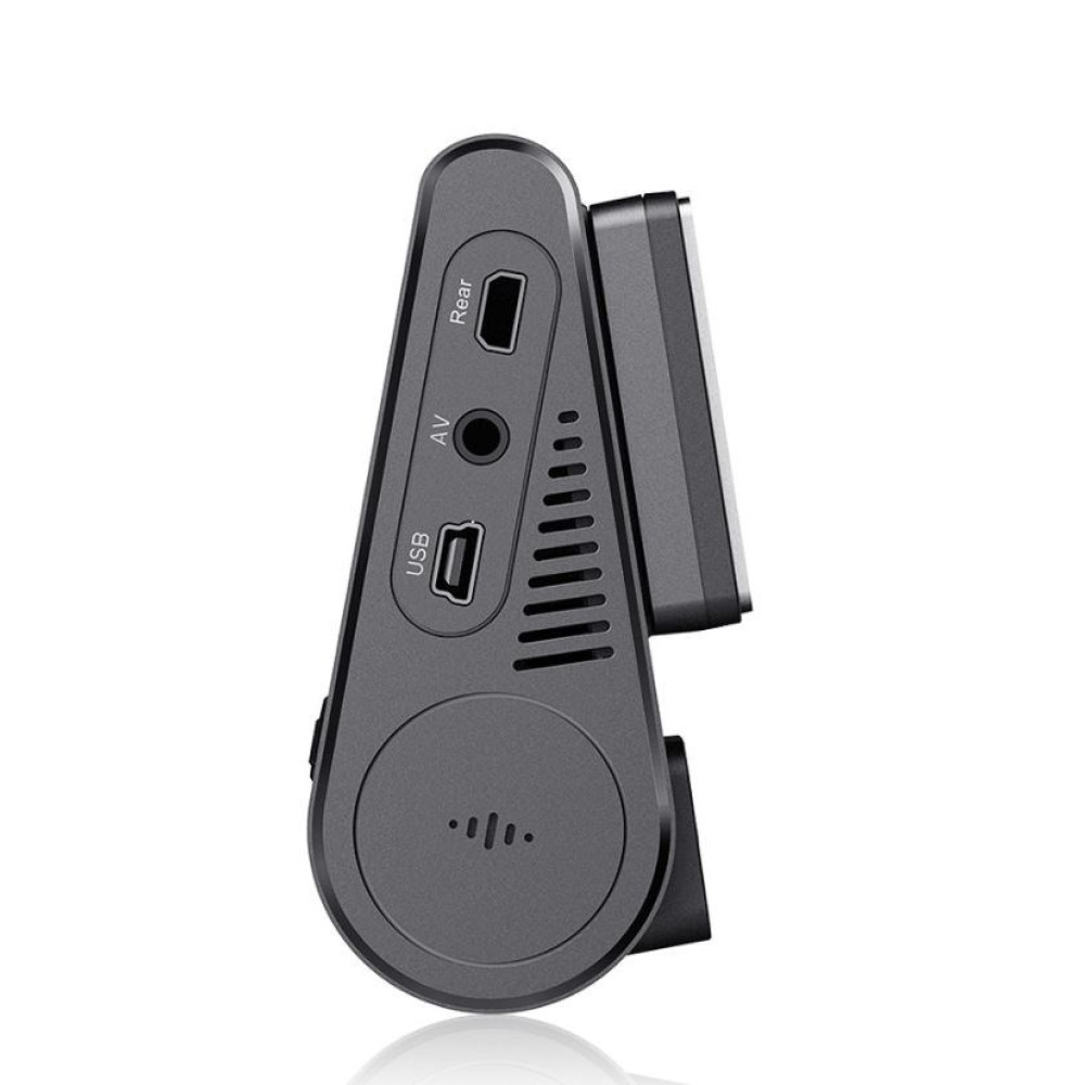 Szara obudowa kamery samochodowej z portami USB, AV i tylnym.