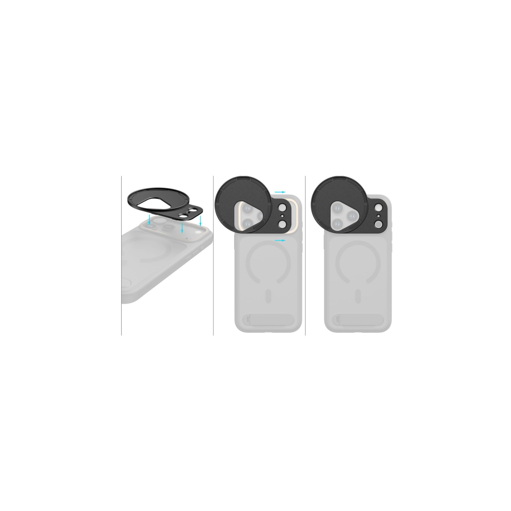 Instructions for attaching a black phone lens cover to a white phone.