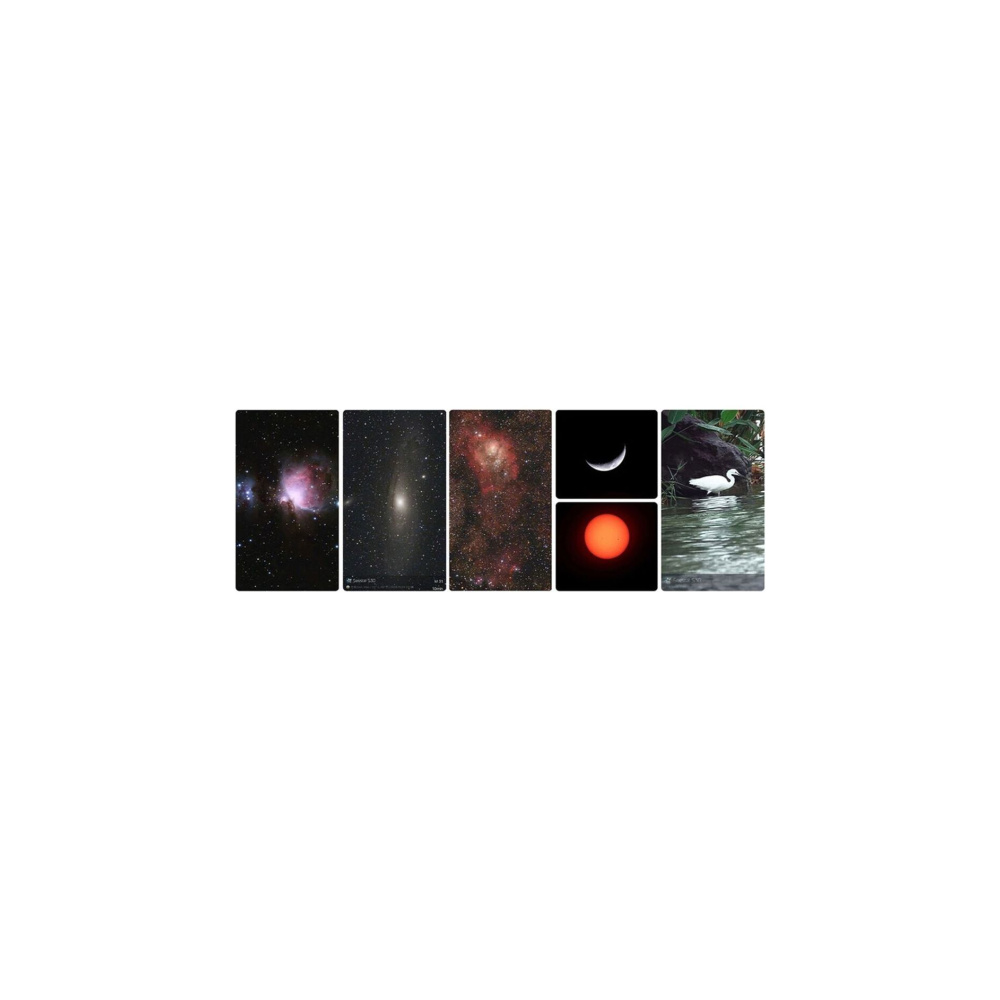 Imágenes de nebulosas, galaxias, luna, sol y una garza junto al agua.