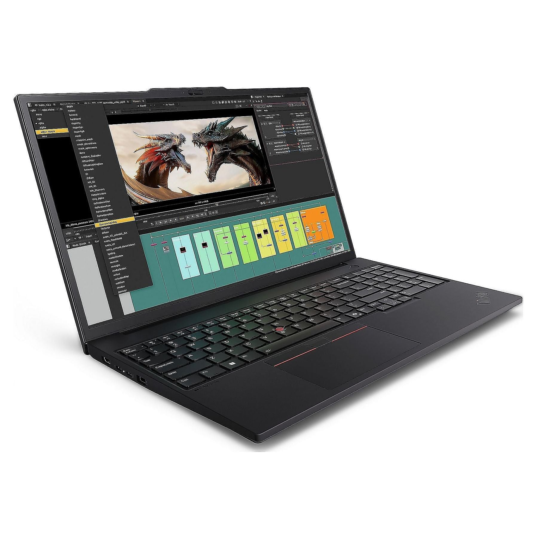 Un laptop nero mostra un software con due draghi. Tastiera visibile.
