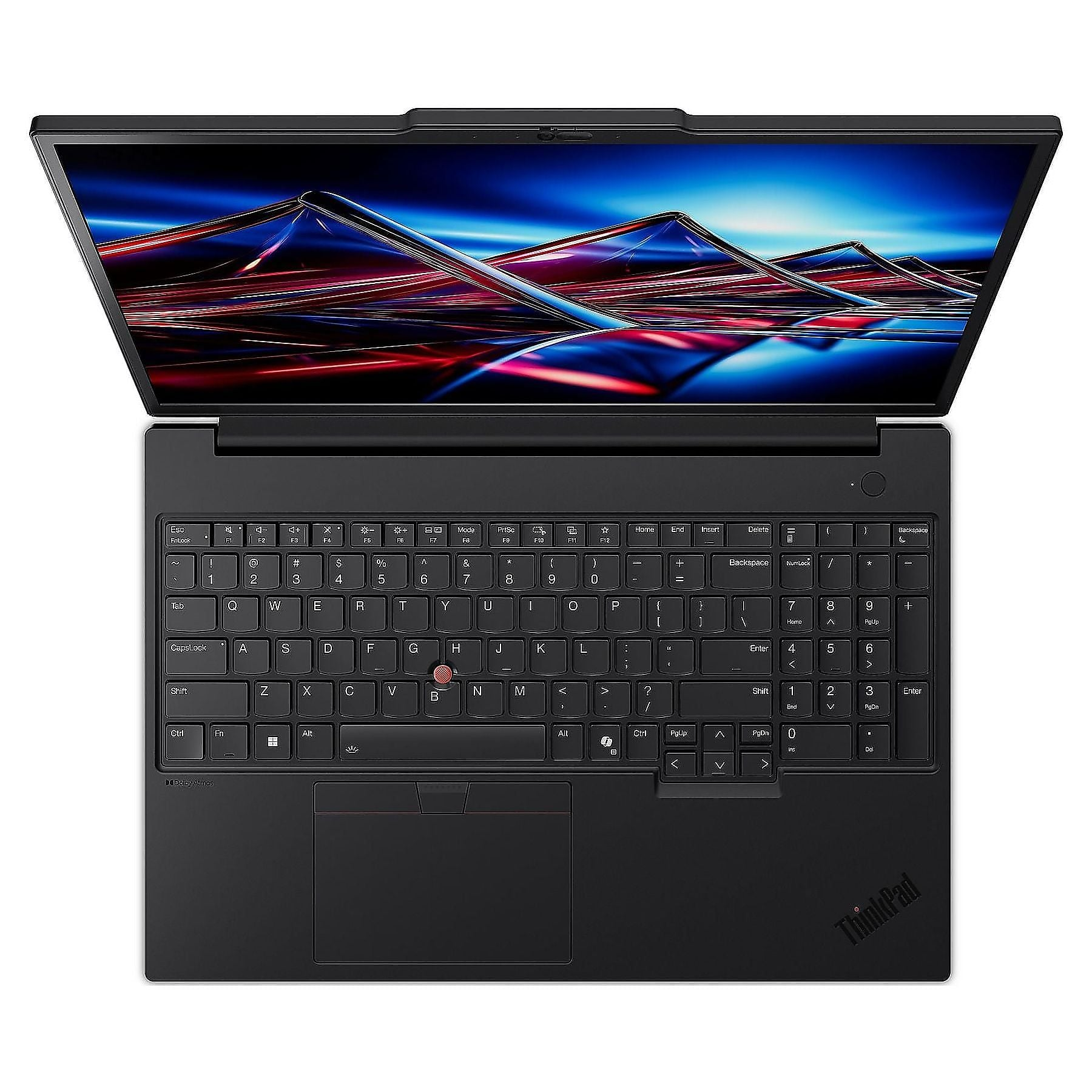 Laptop nero con coperchio aperto, mostra uno sfondo astratto.