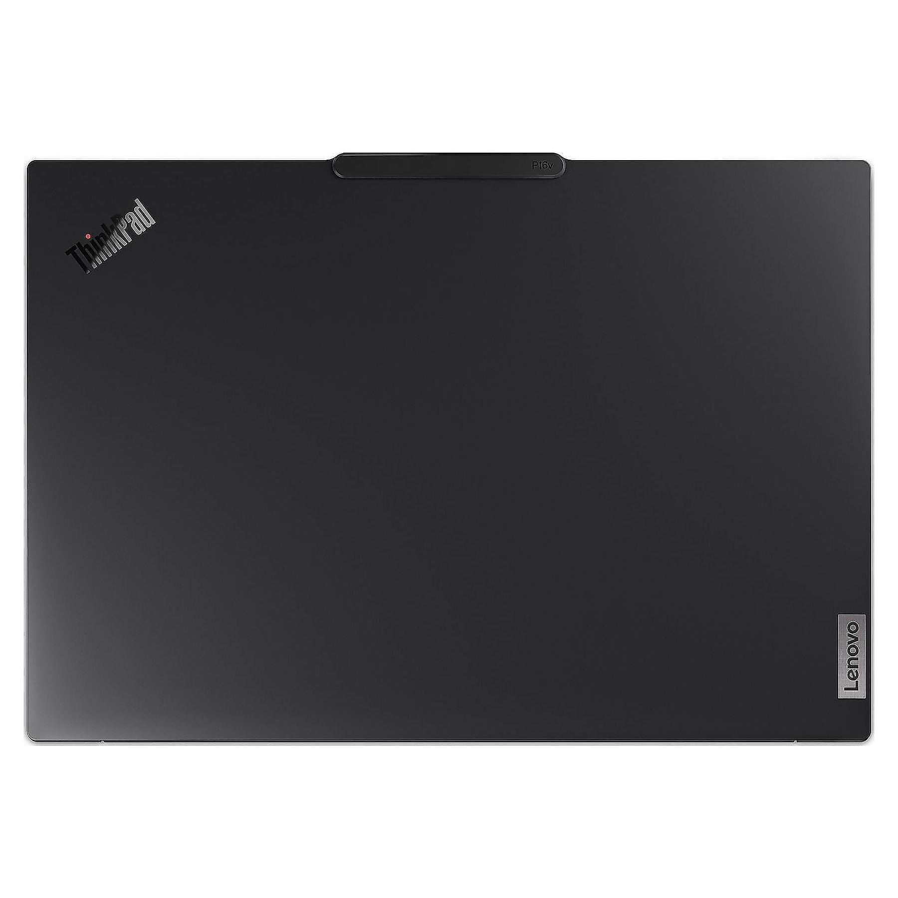 Laptop nero chiuso con loghi ThinkPad e Lenovo. Vista dall'alto.