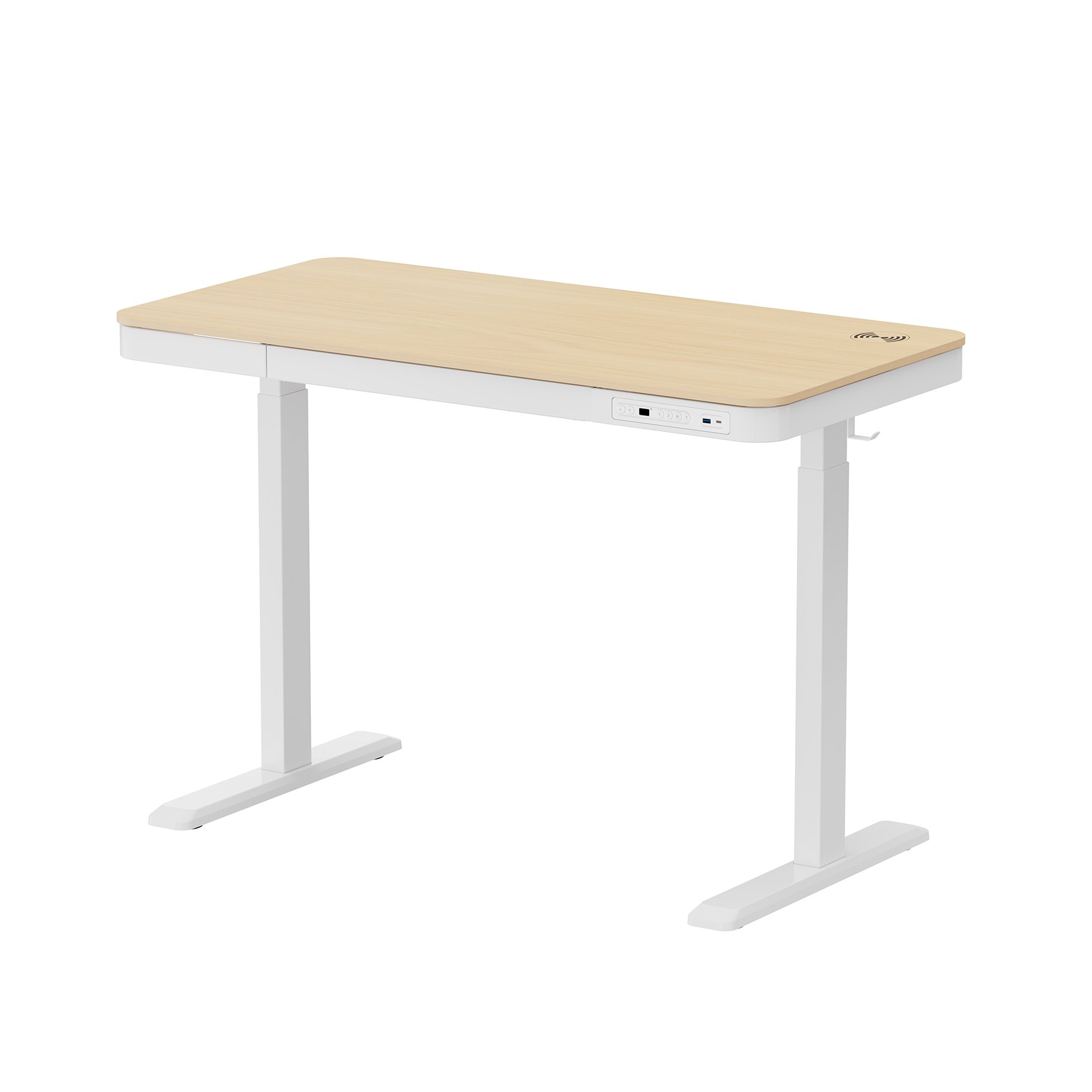 Un escritorio ajustable en altura con tapa de madera clara y patas blancas.