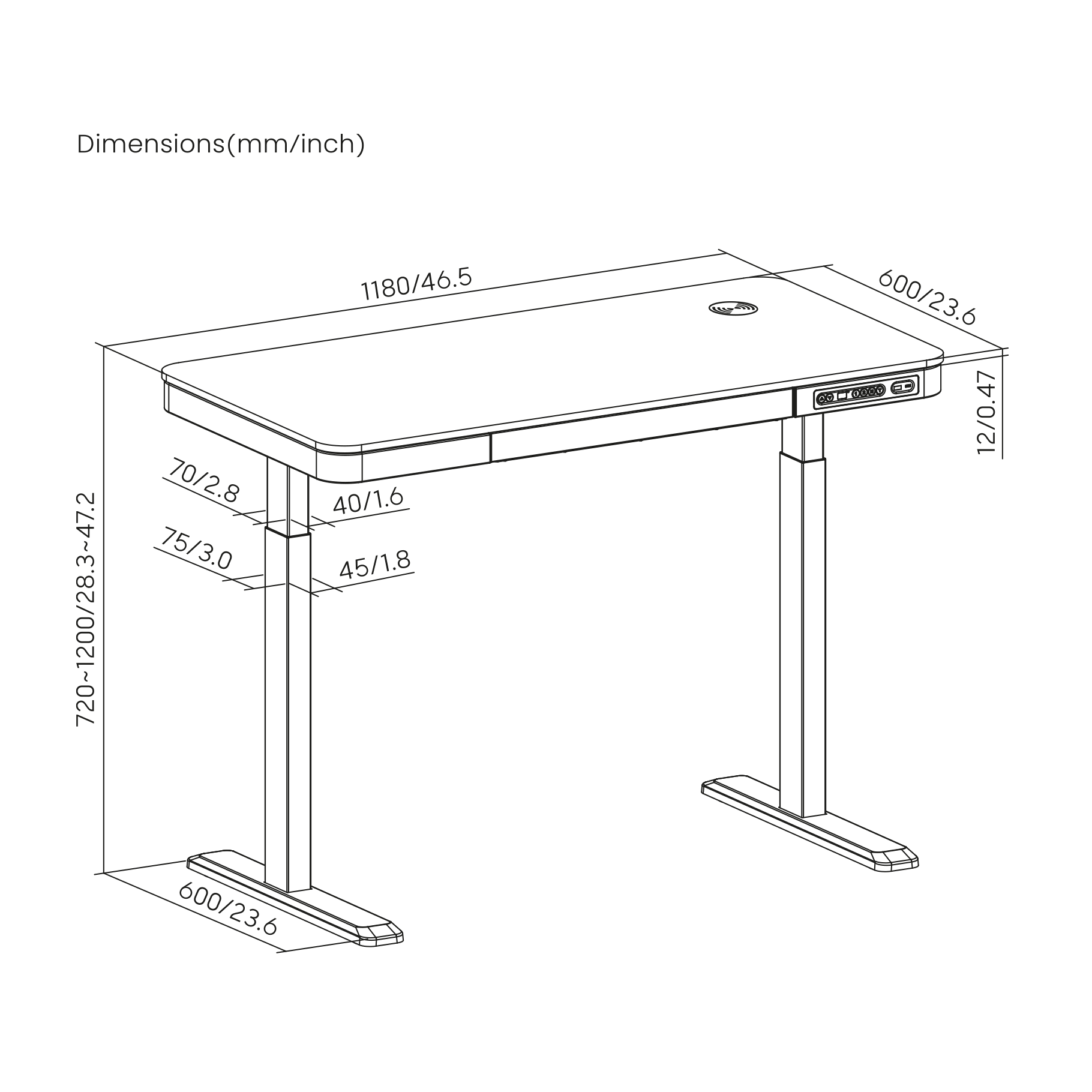Dibujo técnico de un escritorio ajustable con dimensiones.