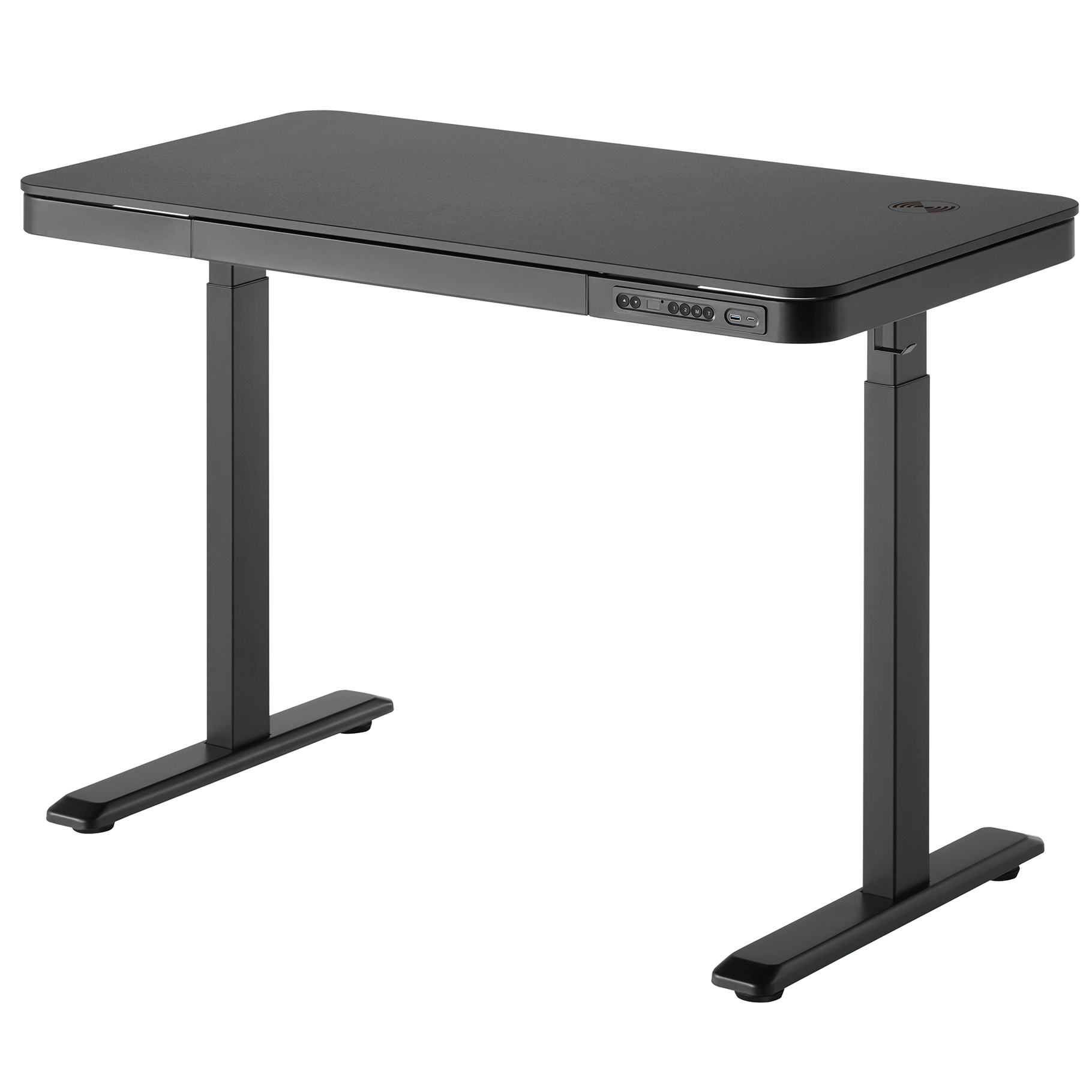 Un escritorio negro regulable en altura con dos patas y tablero rectangular.