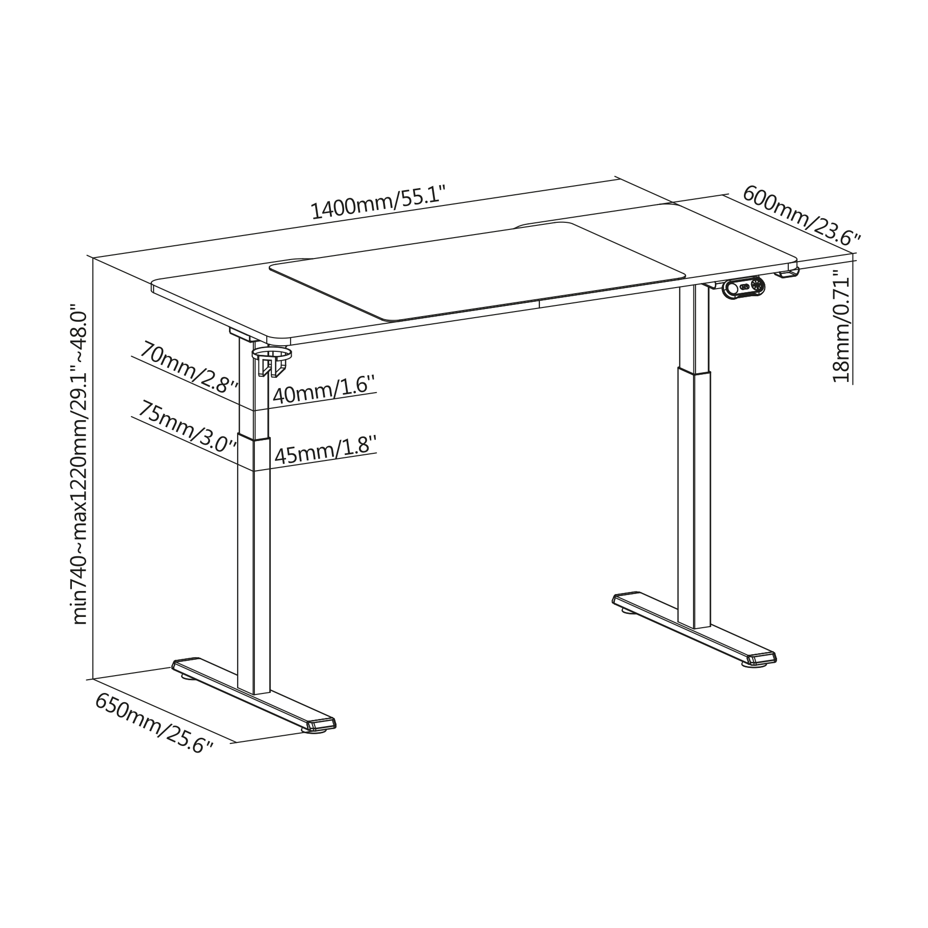 Un dibujo técnico de un escritorio de altura ajustable con dimensiones.