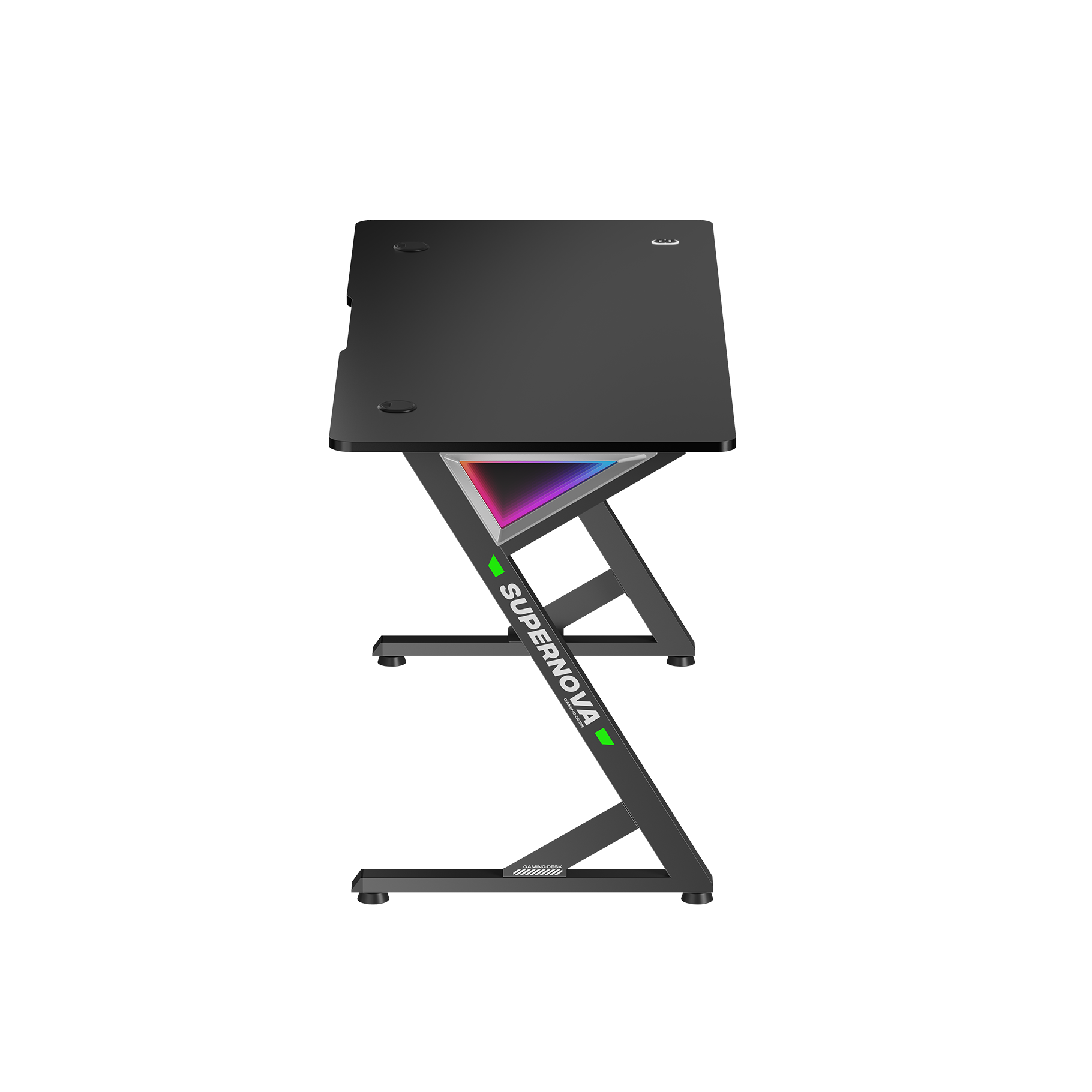 Una scrivania da gaming nera con telaio a Z e illuminazione RGB.