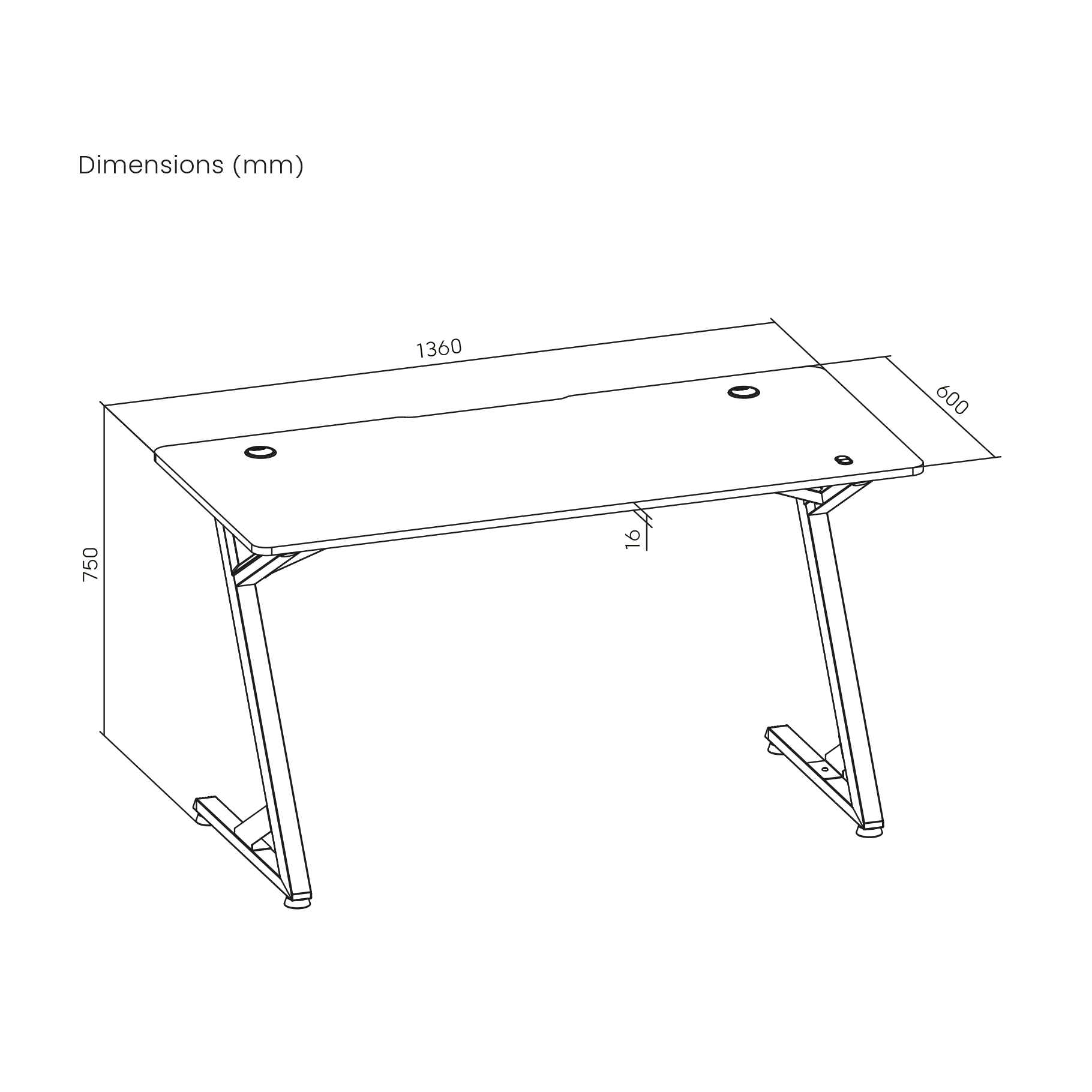 Disegno tecnico di una scrivania con dimensioni.