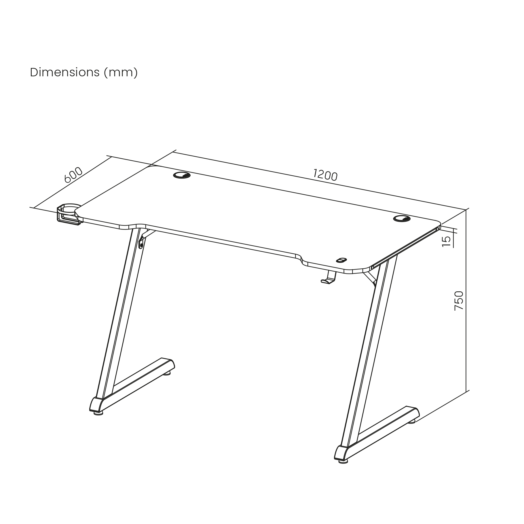 Disegno tecnico di una scrivania con dimensioni. L:1200mm, P:600mm, A:750mm.