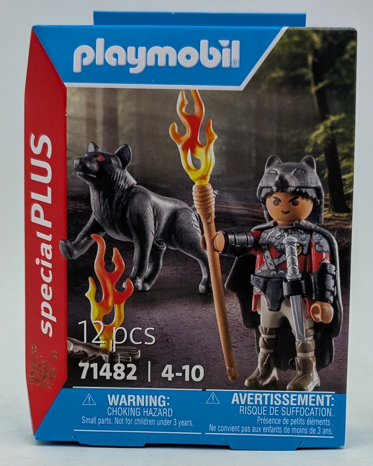 Playmobil-Packung mit einem Krieger, der eine Fackel hält, und einem schwarzen Wolf.