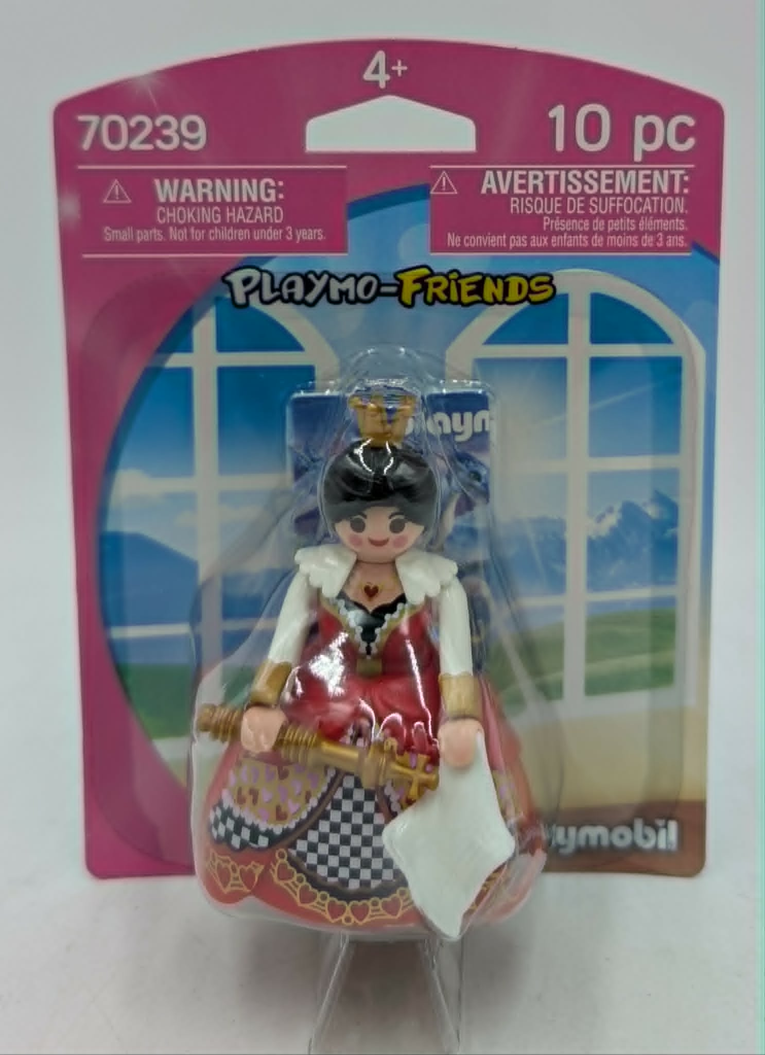Personaggio Playmobil di regina con corona e scettro in abito rosso.