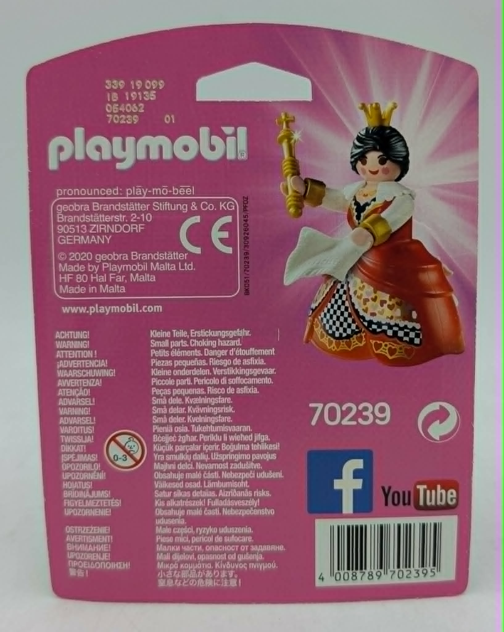 Figurina Playmobil regina con corona e scettro su confezione rosa con avvisi.
