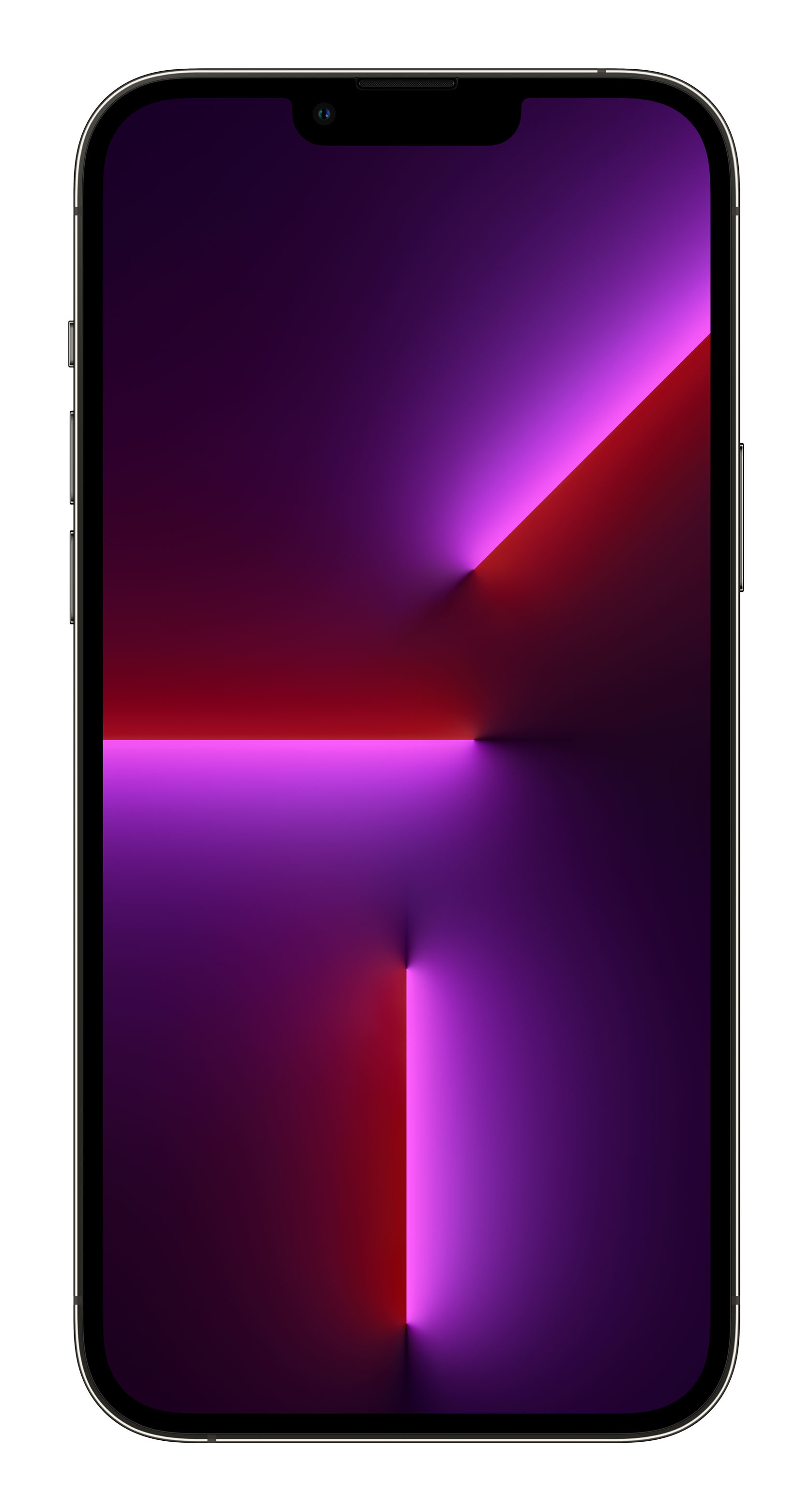 Smartfon wyświetlający ciemny ekran z abstrakcyjnym wzorem czerwonych i fioletowych świateł.