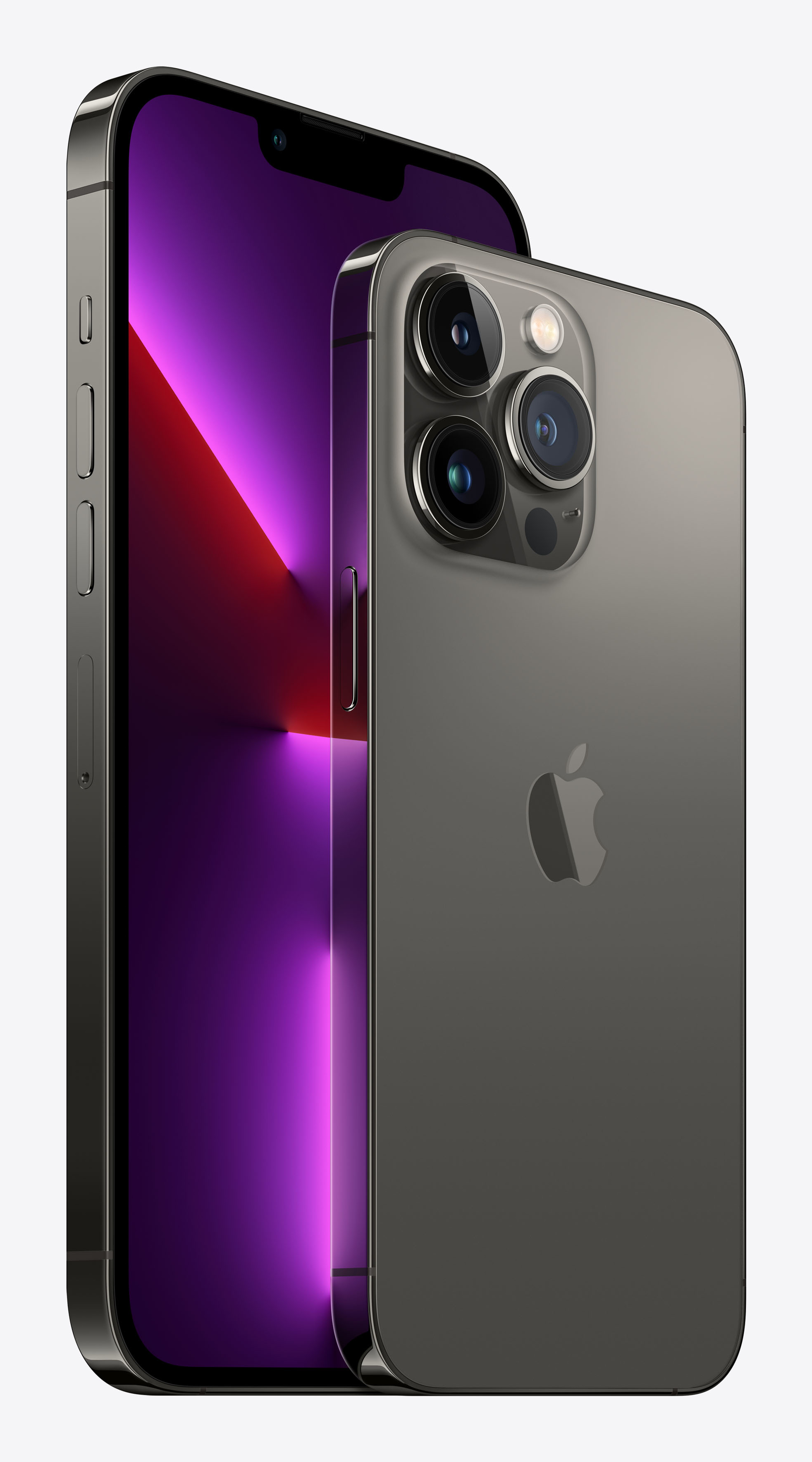 Szara iPhone z trzema tylnymi kamerami i fioletowym ekranem.