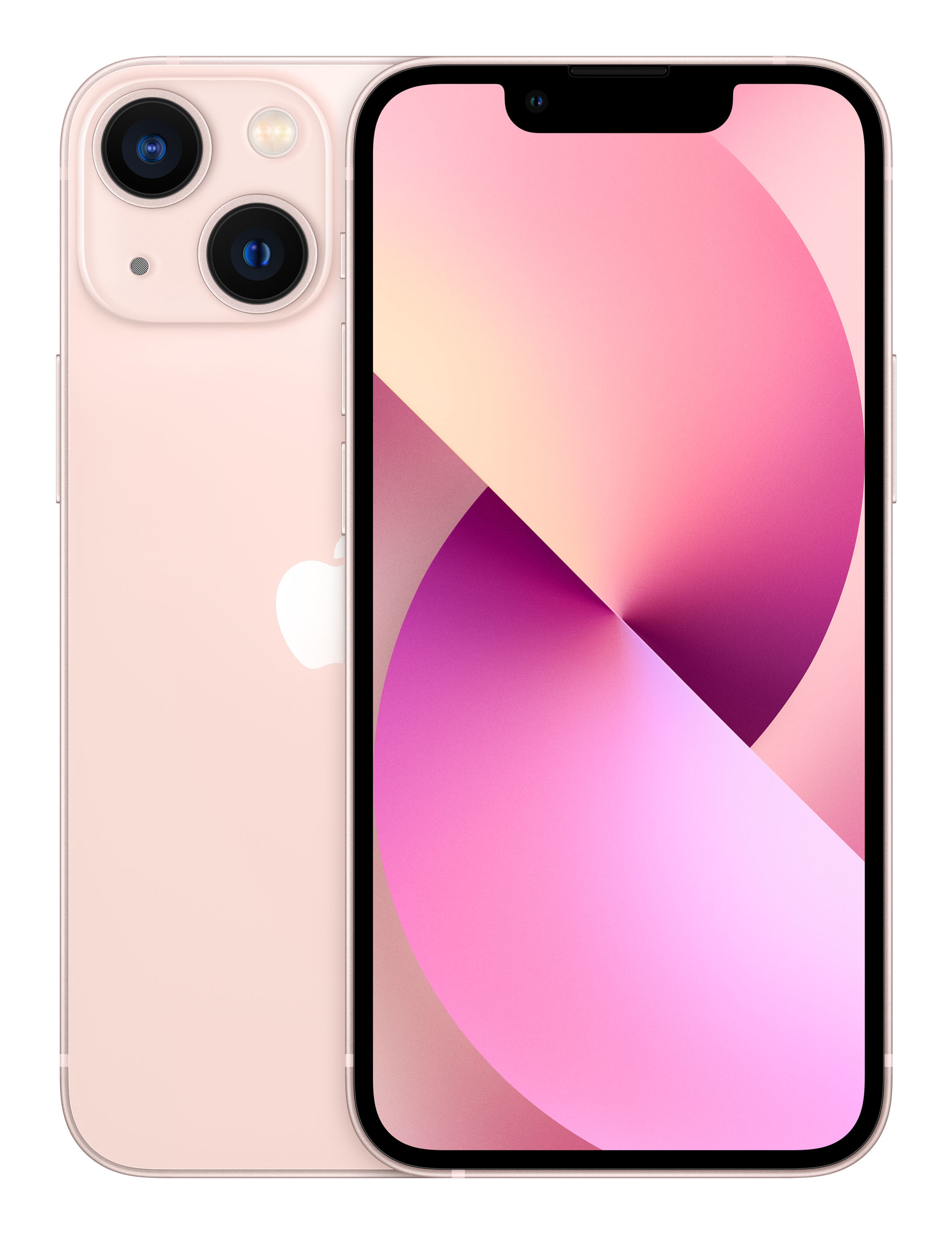 Różowy iPhone 13 z dwoma tylnymi aparatami i abstrakcyjną różową tapetą.