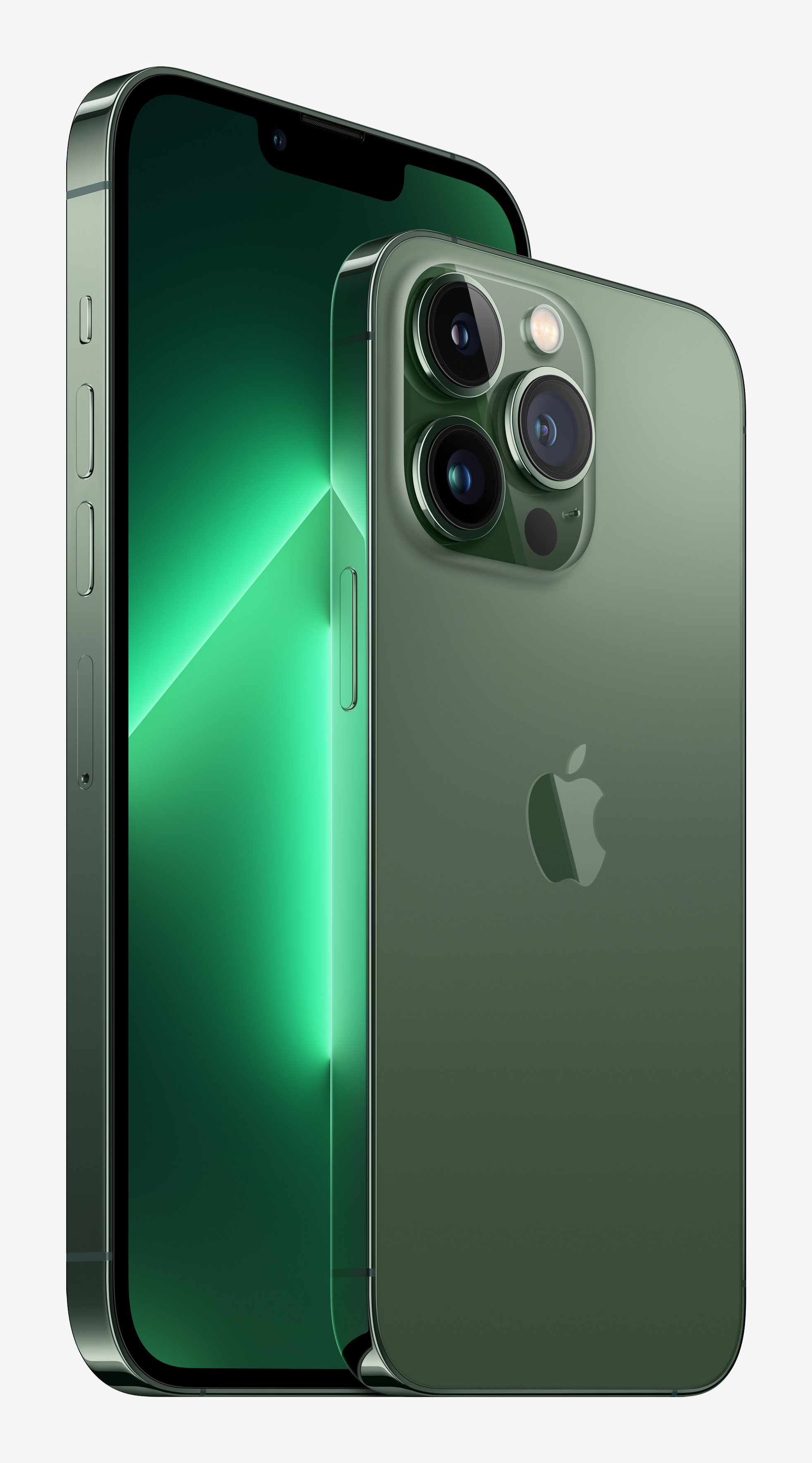 Zwei grüne iPhones nebeneinander, Rückseite mit Kameras und Apple-Logo.