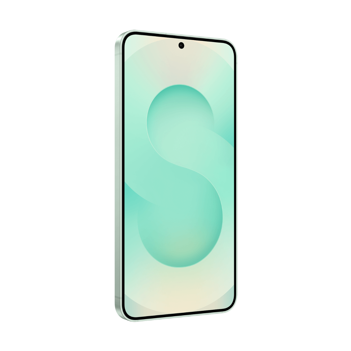 Uno smartphone elegante con sfondo verde menta e motivo circolare.