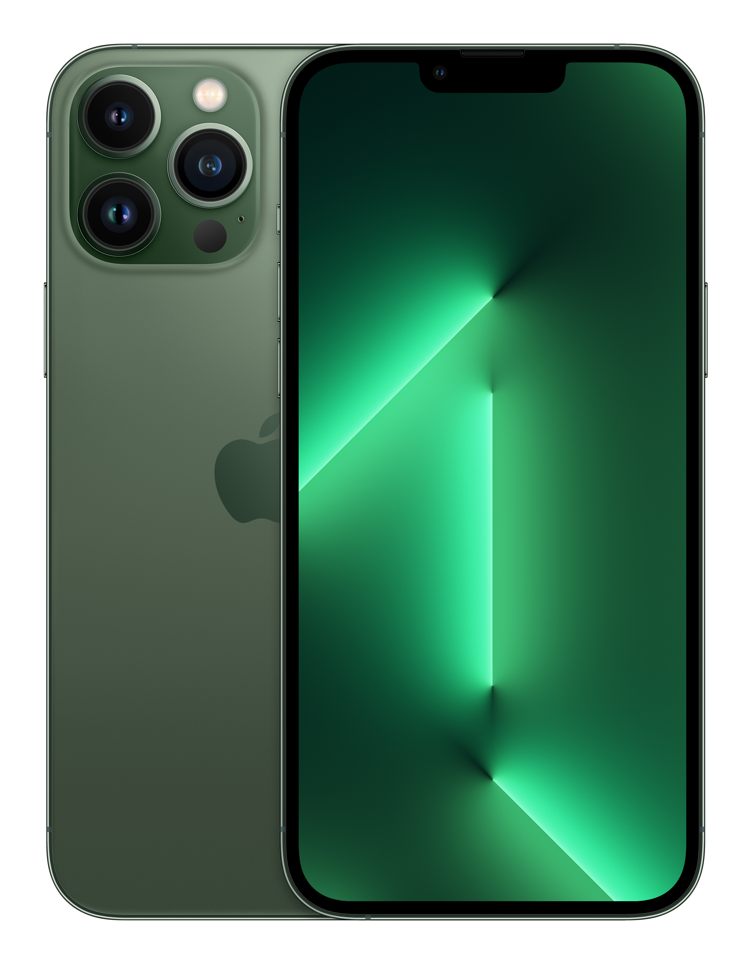 Zielony iPhone z trzema tylnymi aparatami i zielonym tłem.