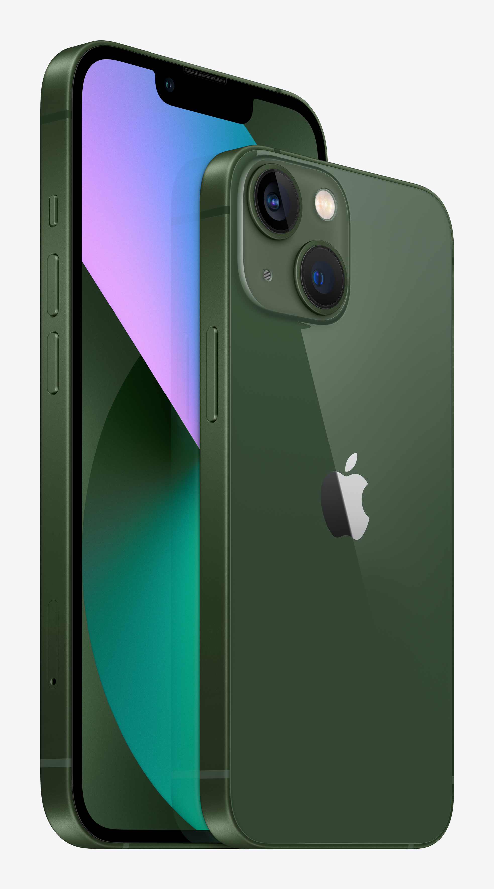 Two green iPhones side by side. One shows its back, the other is viewed from the side.