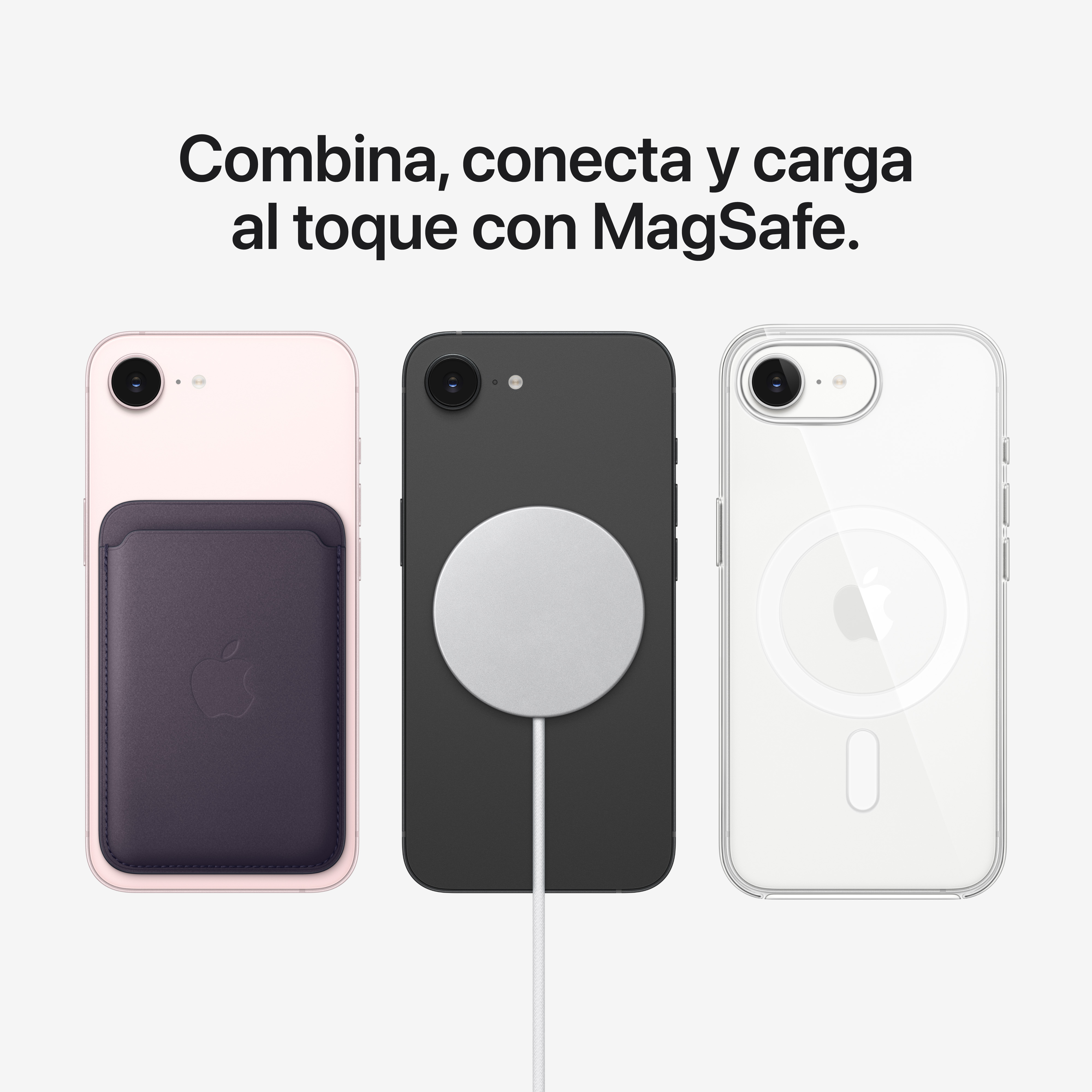 Trzy iPhone obok siebie: różowy z portfelem, czarny z ładowarką MagSafe, przezroczysty z etui.