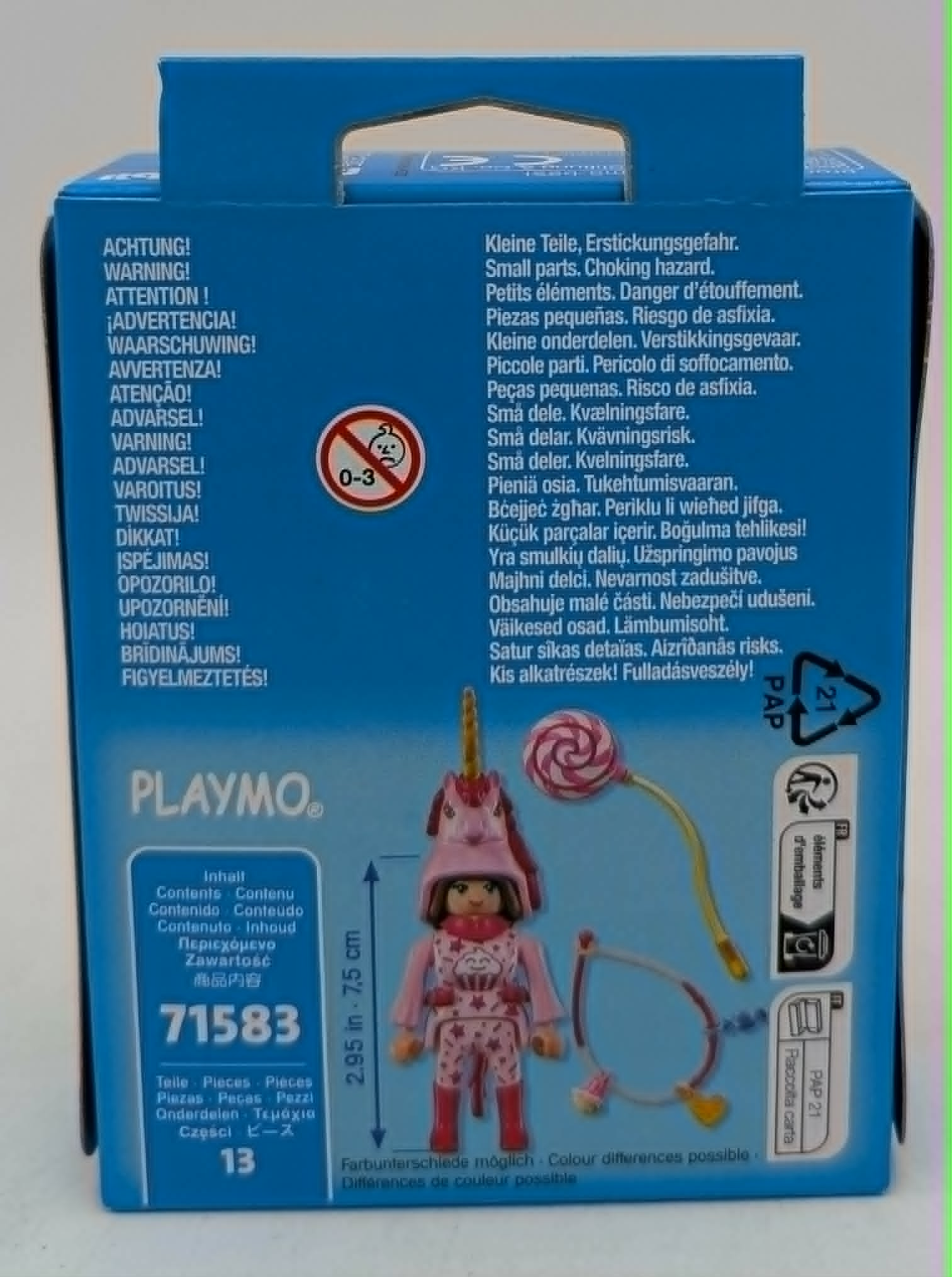 Playmobil-Verpackung mit Einhorn-Figur, Lutscher und Halskette. Enthält Warnhinweise.