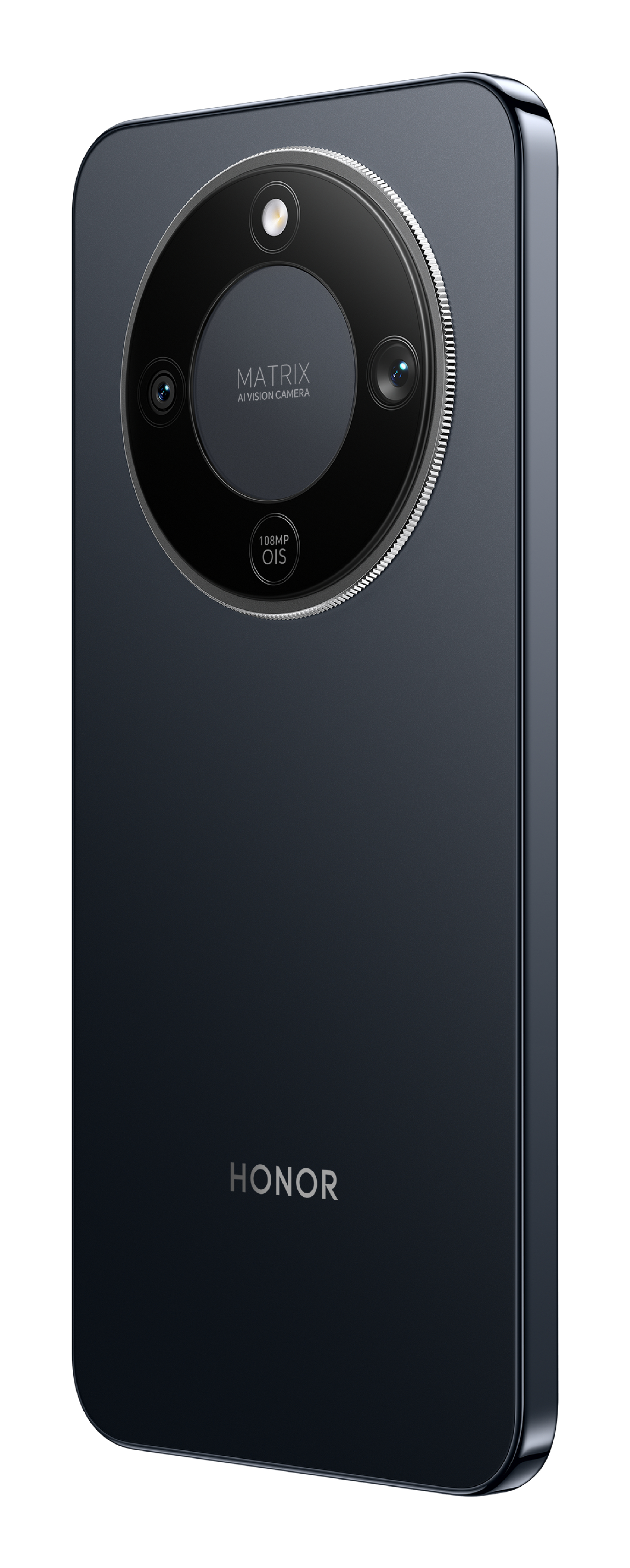 Ciemnoniebieski smartfon z aparatem Matrix AI Vision i logo HONOR.