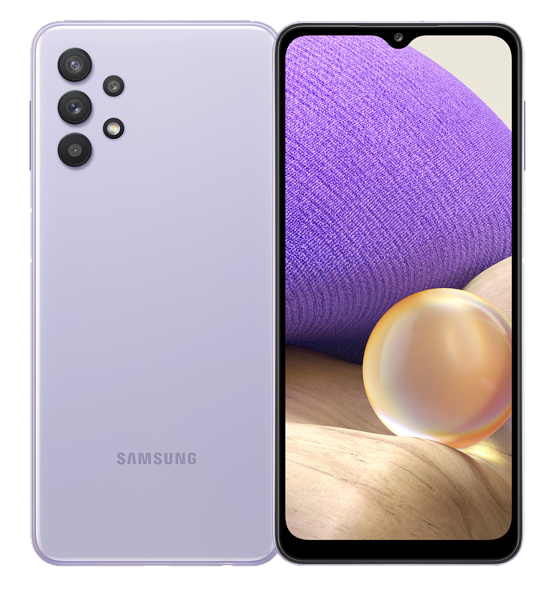 Ein lila Samsung Smartphone wird von vorne und hinten gezeigt. Die Rückseite hat eine Kameraanordnung. Die Vorderseite zeigt einen Bildschirm mit einer Kugel.