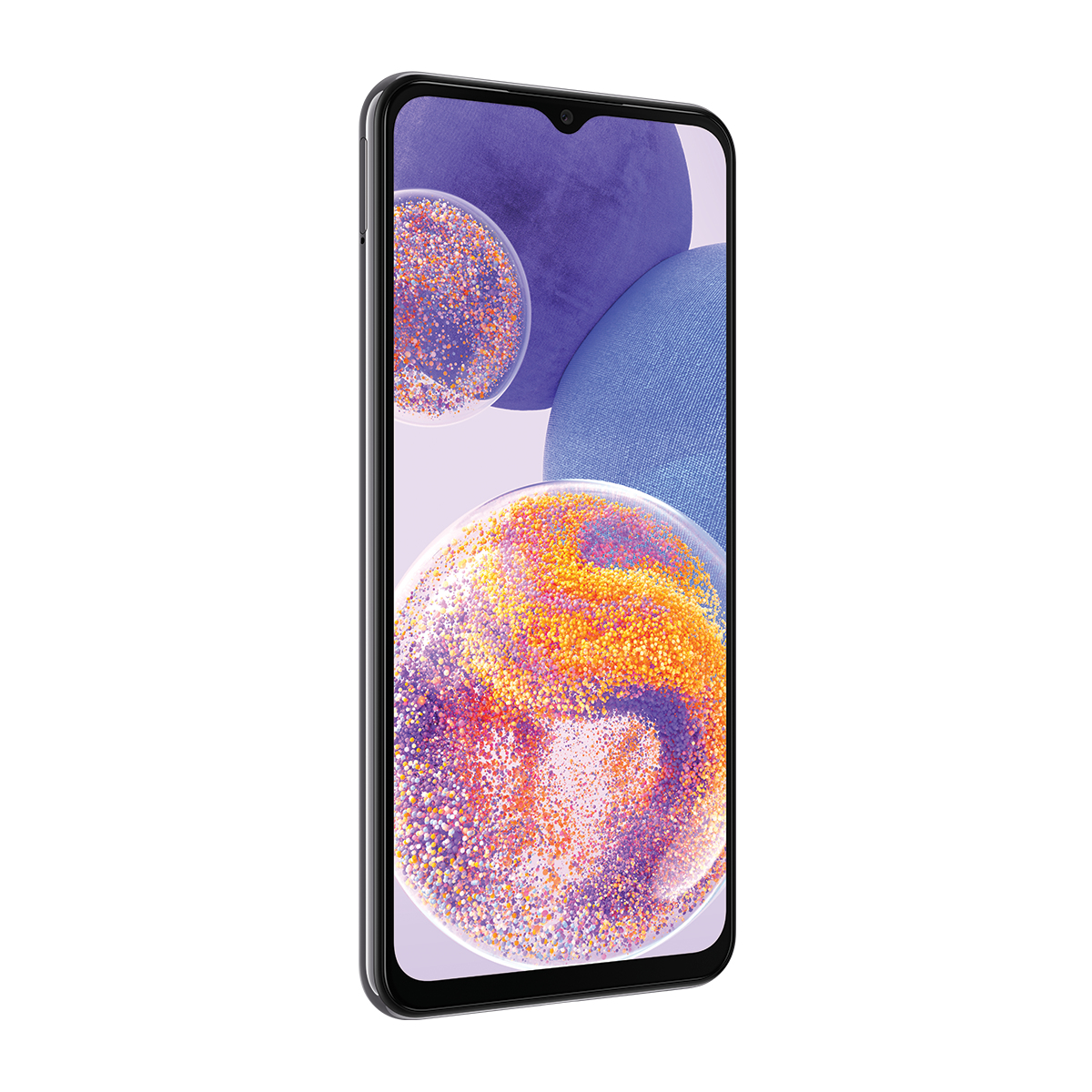 Renkli daireler ve mavi doku gösteren büyük ekranlı bir akıllı telefon.