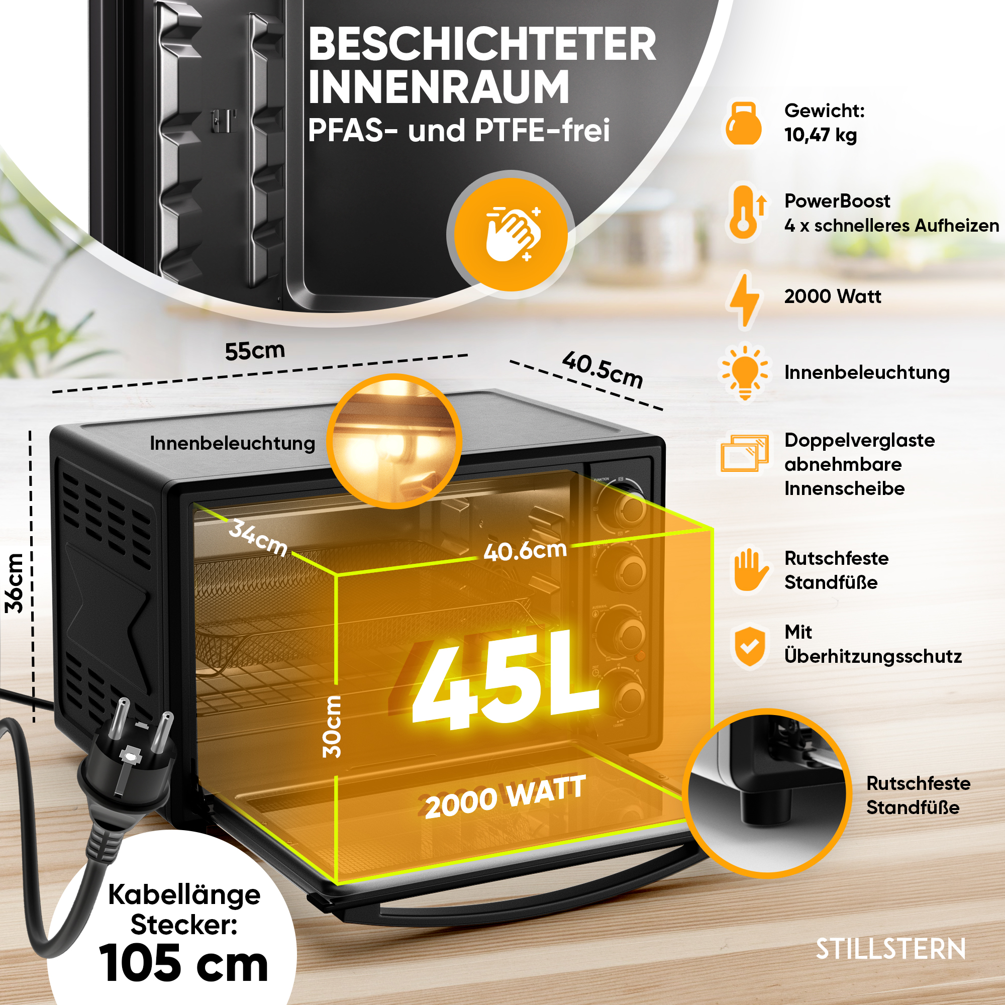 Ein schwarzer Backofen mit Maßen 55x40.5x36cm und 45L Kapazität wird gezeigt.