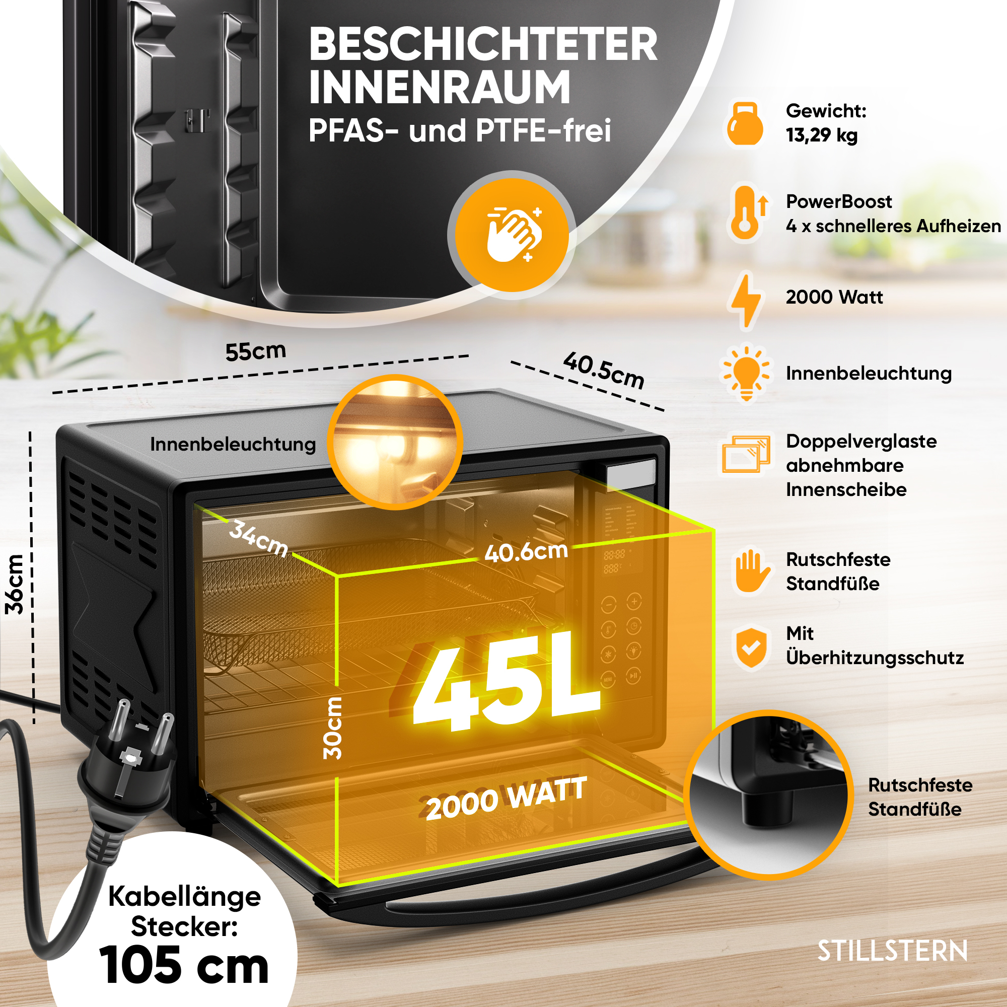 Schwarzer Backofen mit geöffneter Tür, 45L, 2000W. Maße und Merkmale aufgelistet.