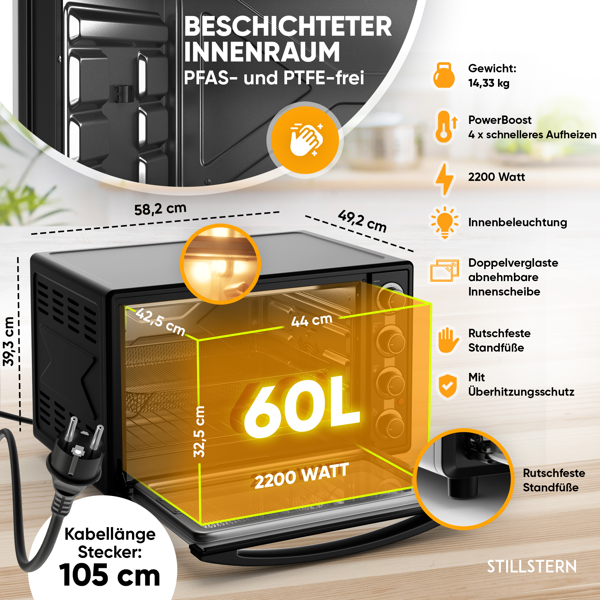 Ein schwarzer Backofen mit 60L Kapazität, 2200 Watt, Maßen und Merkmalen.