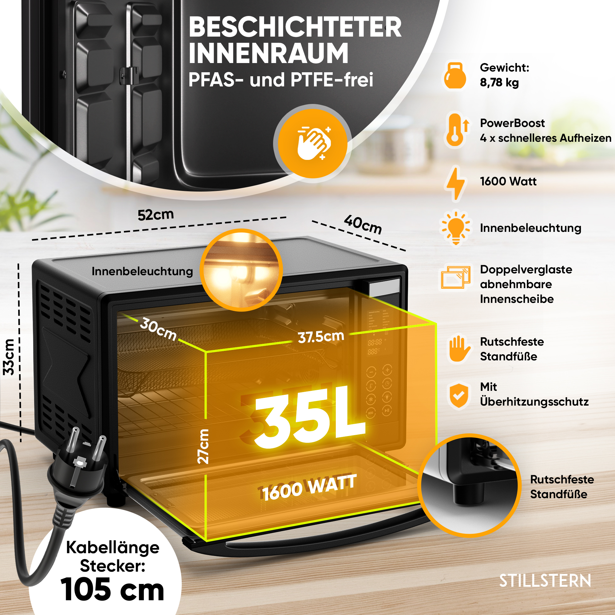Ein schwarzer Ofen mit Maßen und Funktionen, 35L, 1600W.