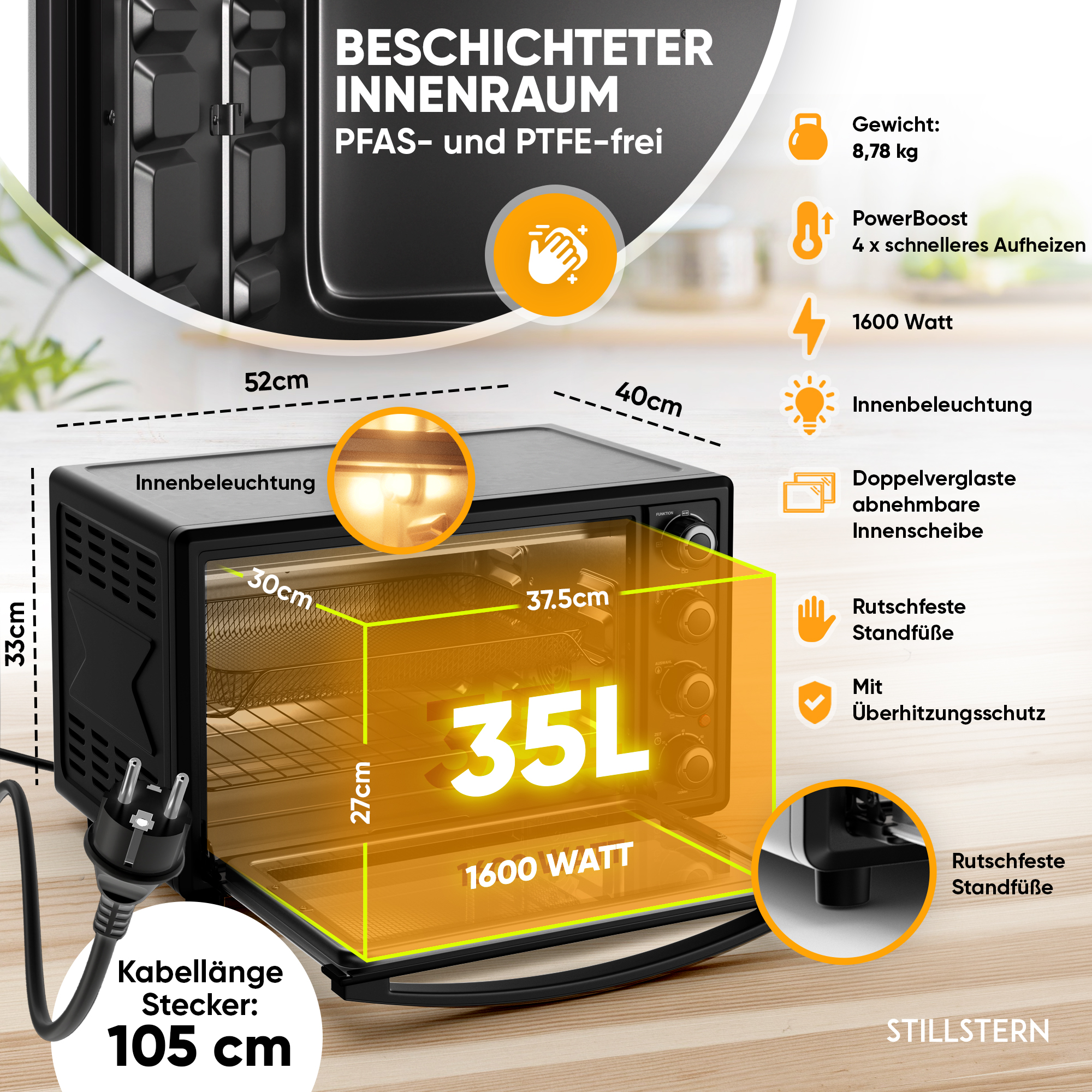 Ein schwarzer Tischbackofen mit 35L Fassungsvermögen, 1600 Watt, Maße 52x40x33cm.