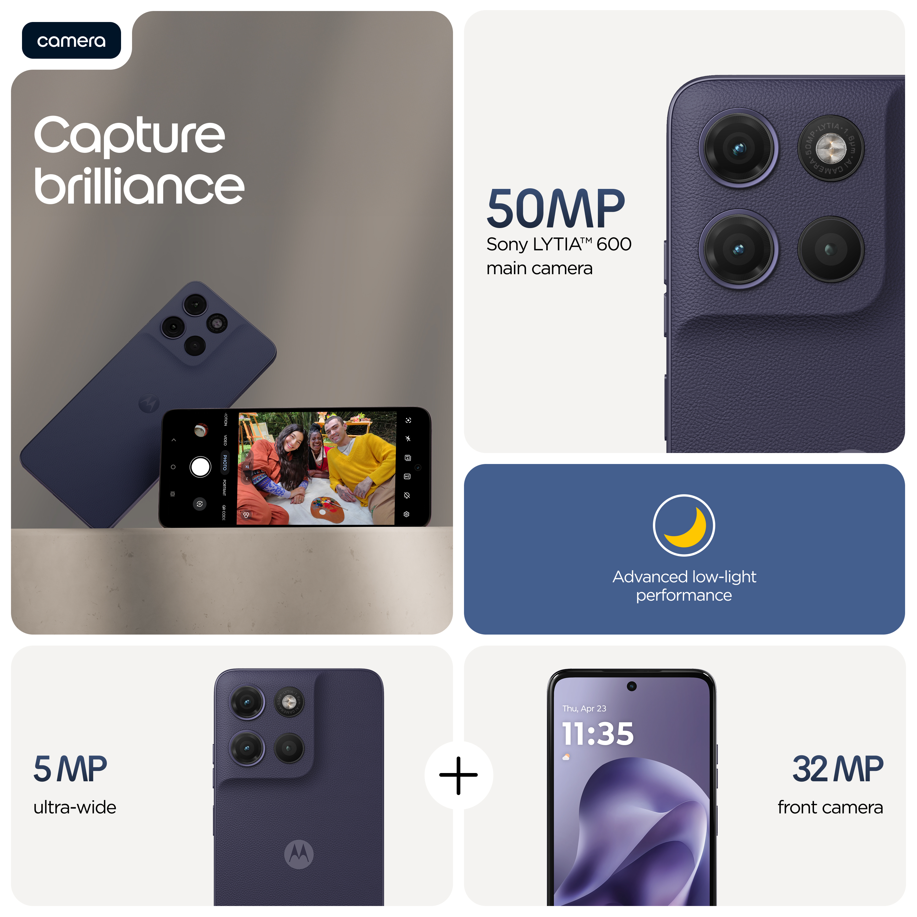 Uno smartphone viola che mostra le sue fotocamere principali, ultra grandangolari e frontali.