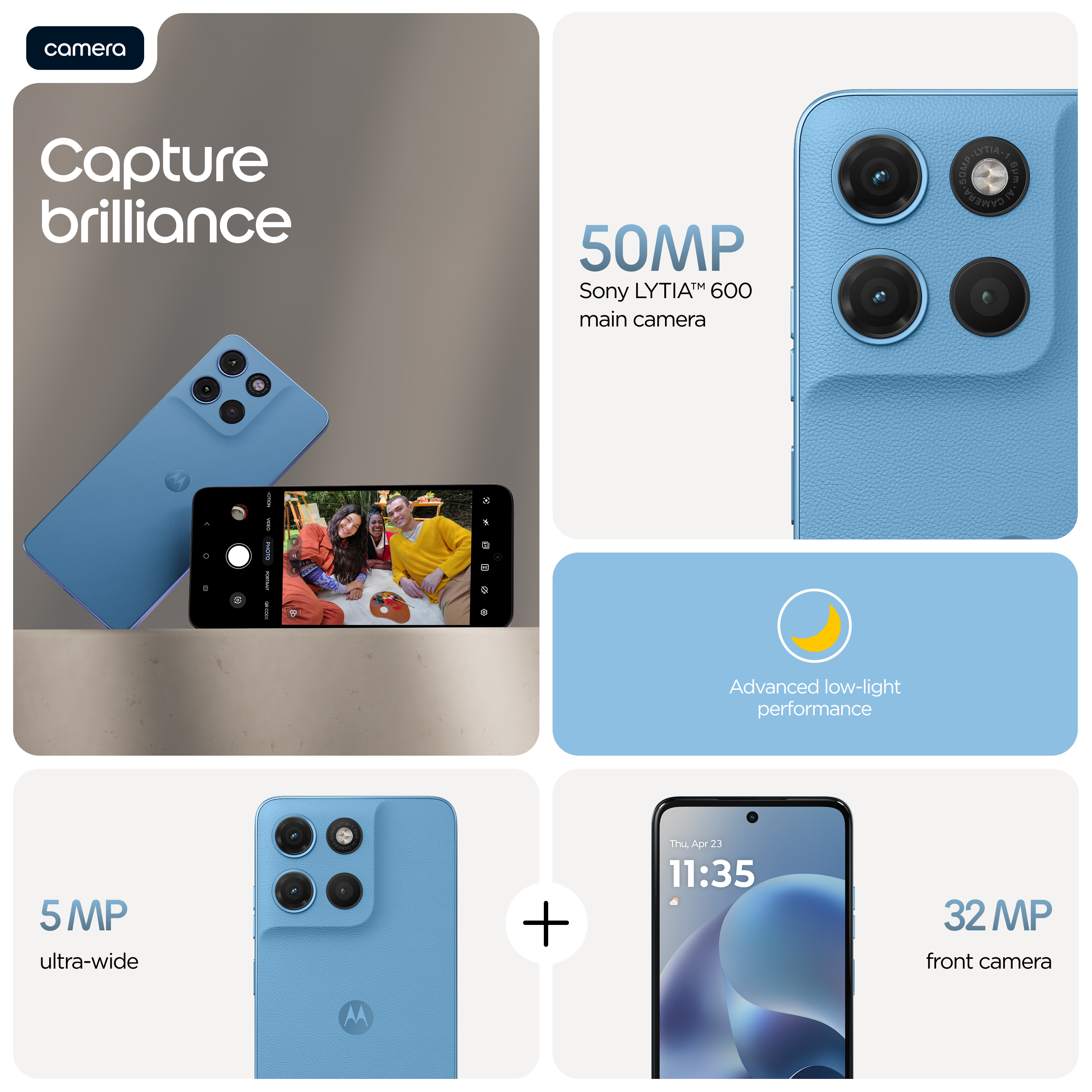 Uno smartphone blu con fotocamera principale da 50MP, ultra-grandangolare da 5MP e frontale da 32MP.