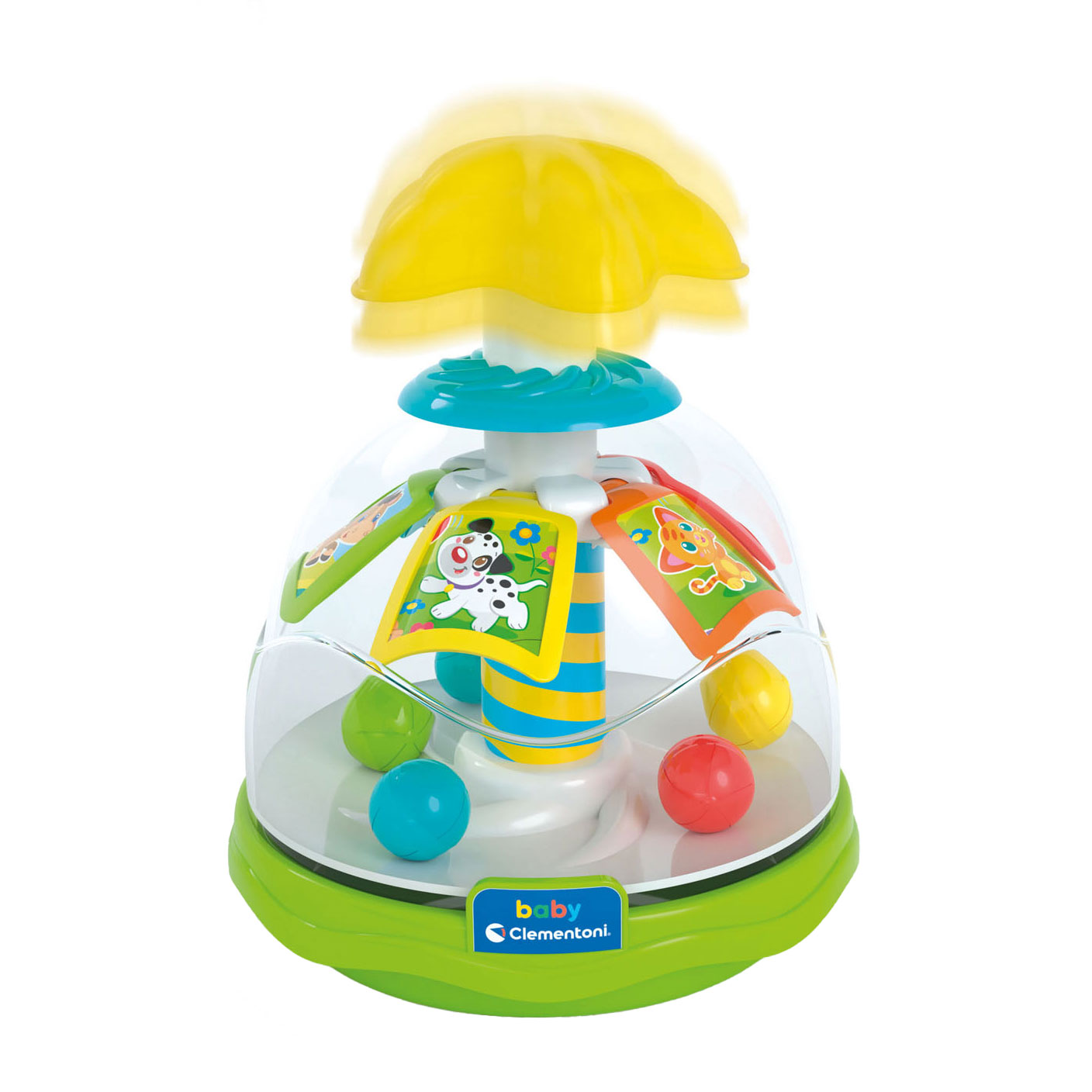 Un colorato spinner giocattolo per bambini con baldacchino giallo rotante.