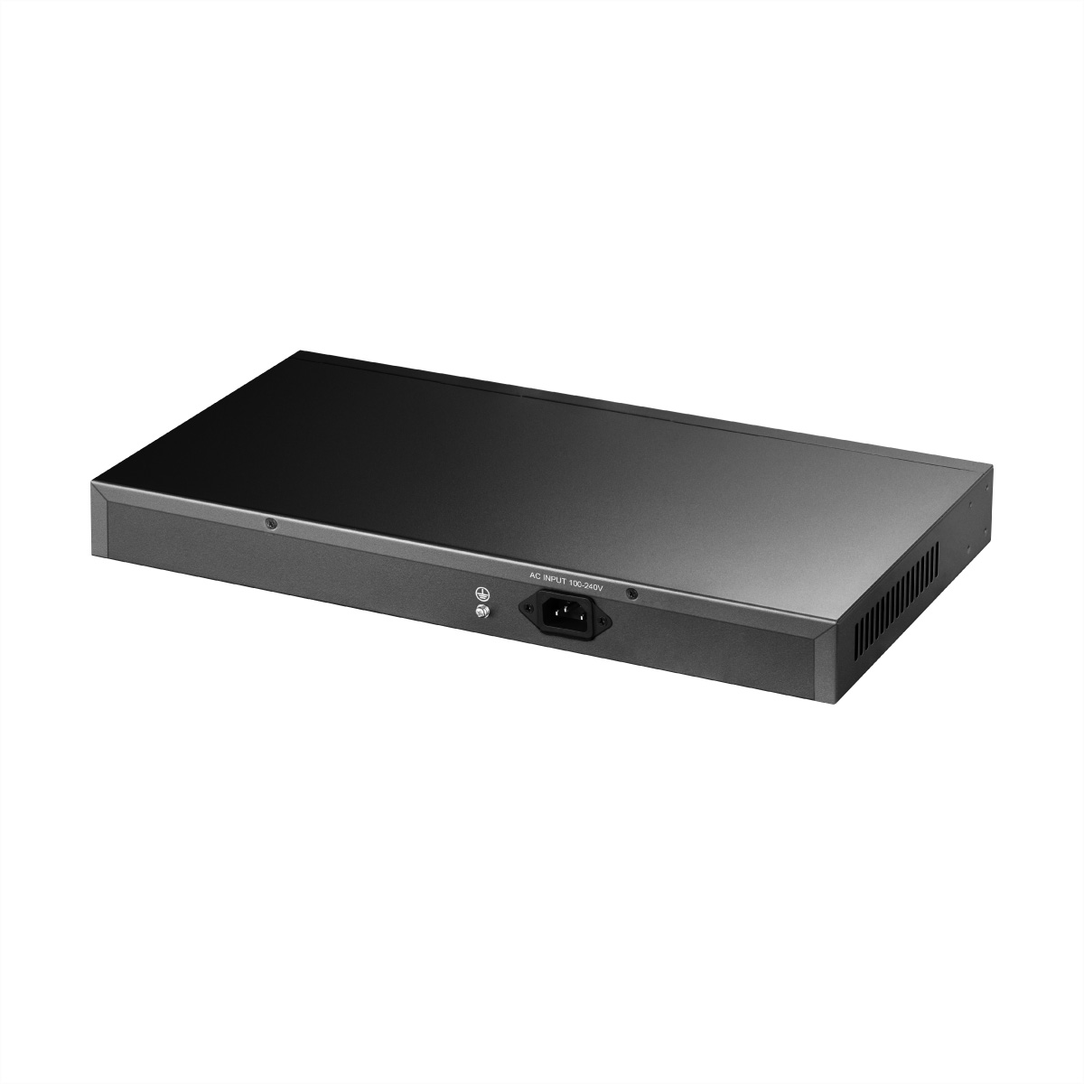 Switch di rete nero con feritoie di ventilazione e ingresso CA.