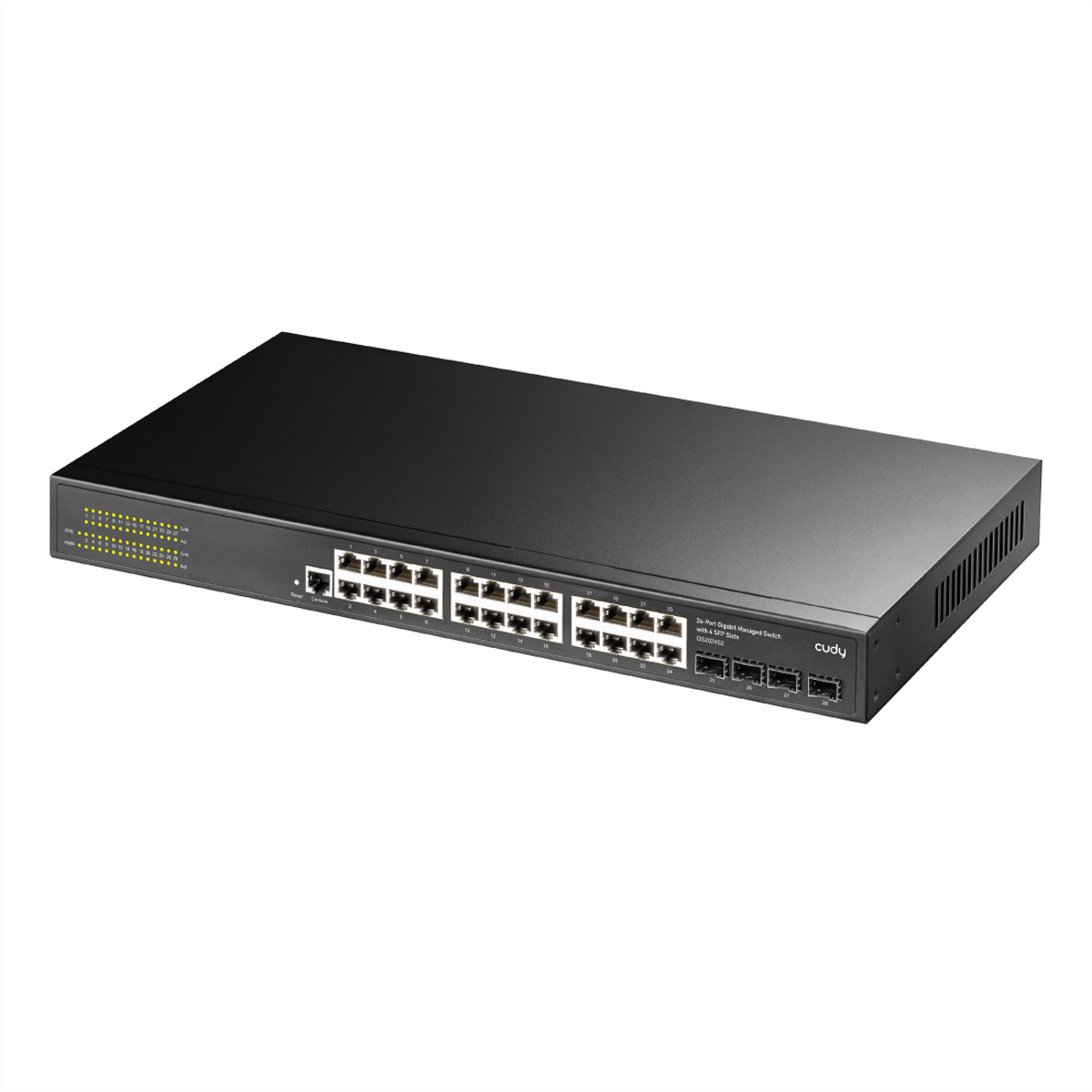 Uno switch gestito Gigabit nero da 24 porte con 4 porte SFP. LED e porte sul fronte.