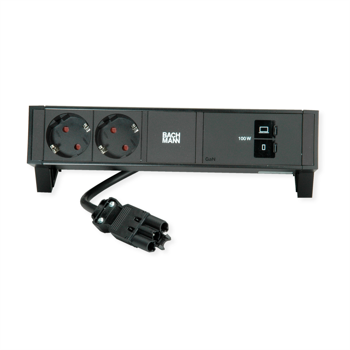 Multipresa nera con due prese, logo e porta USB-C da 100W.