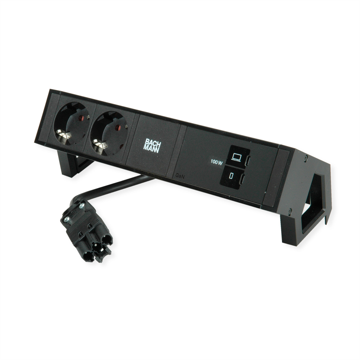 Multipresa nera Bachmann con due prese e porte USB-C.